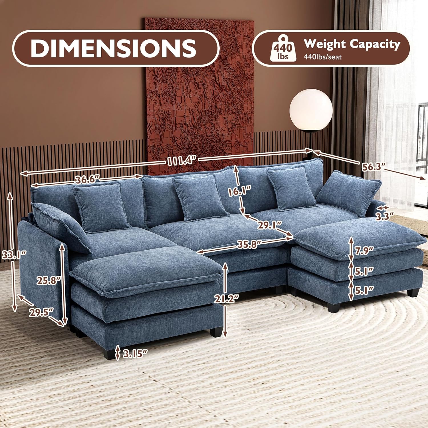 111.4 Inch L Shaped Modern Sofa Modular Cloud Sofa with Ottoman 4 Seater Chenille Deep Seat Sofa wourant