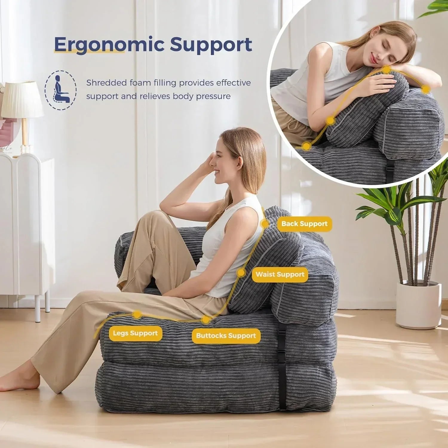 Folding Sofa Bed L-Shaped Convertible Sofa Bed with Armrests and Pillows wourant