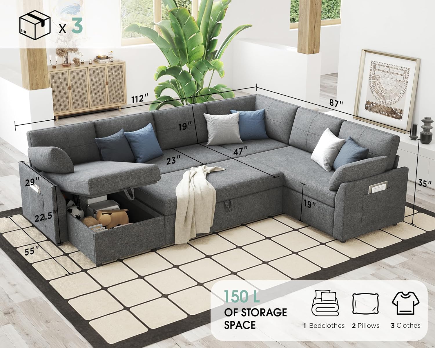 VanAcc Sofa Bed Sleeper Sofa with Storage Chaise 2 in 1 Pull Out Couch Living Room wourant