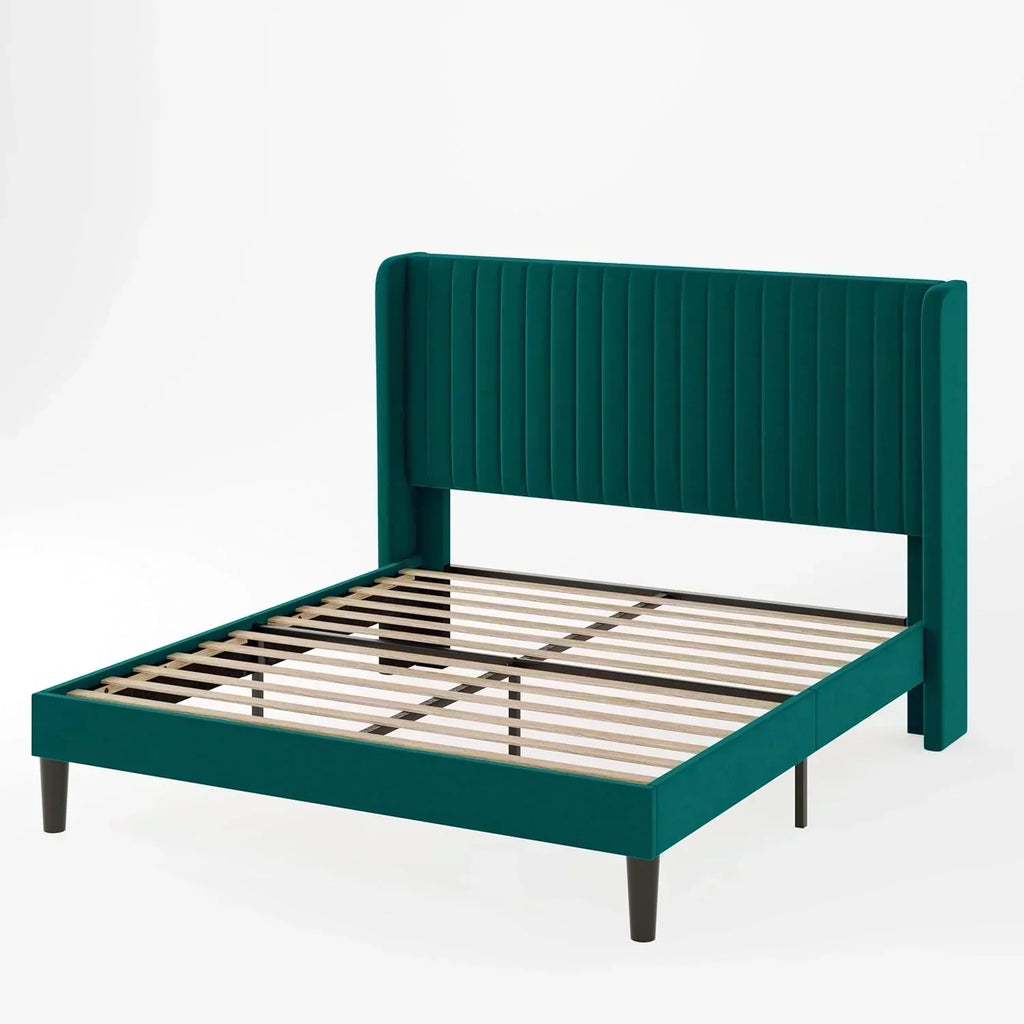 Allewie Full Size Velvet Bed Frame Vertical Channel Tufted Wingback Headboard Upholstered Bed wourant