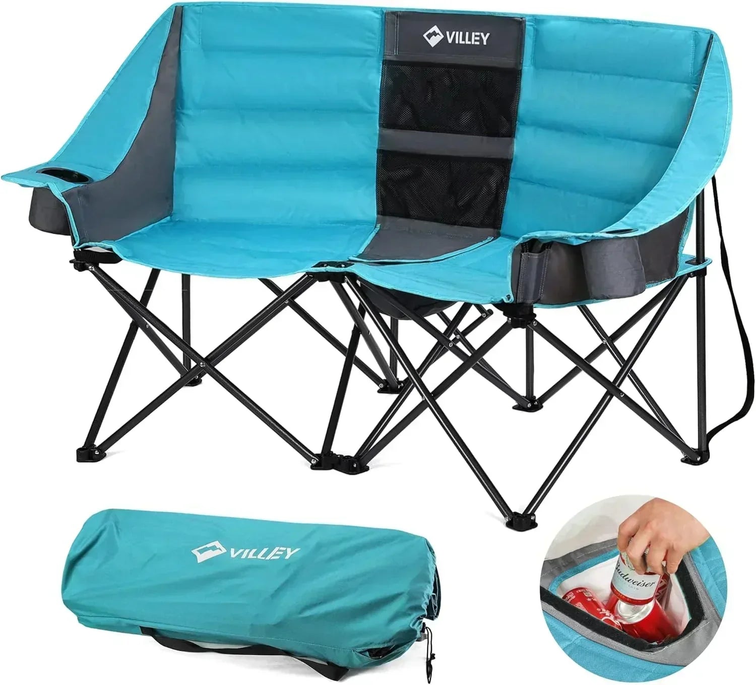 Double camping chair extra wide love seat heavy duty padded camping sofa portable folding chair wourant