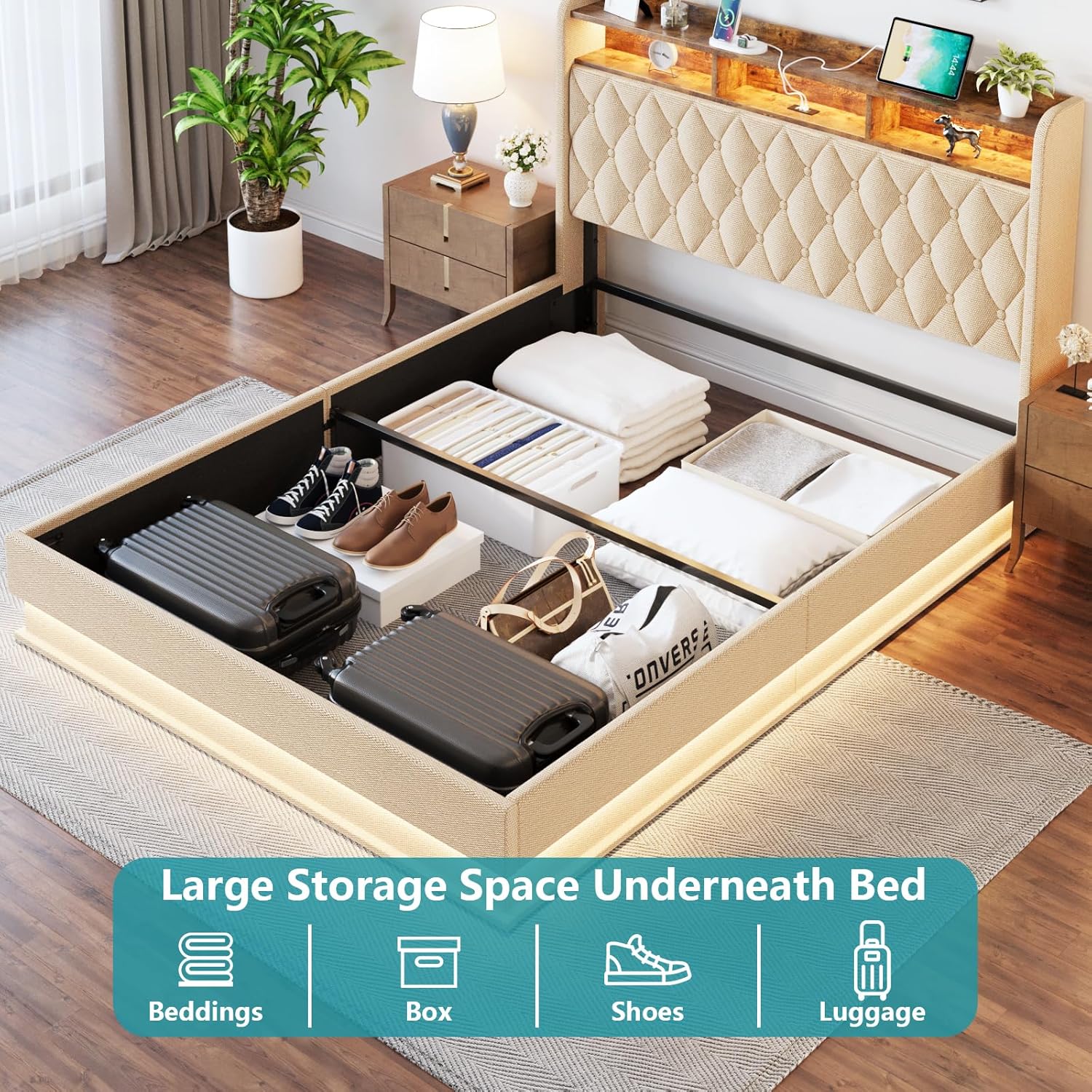 Queen Bed Frame with Storage Lift Up Queen Size Bed Frame Headboard Upholstered Platform Bed wourant