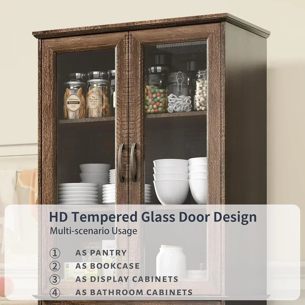 Kitchen Hutch Pantry Cabinet 71" Tall with Glass Doors wourant