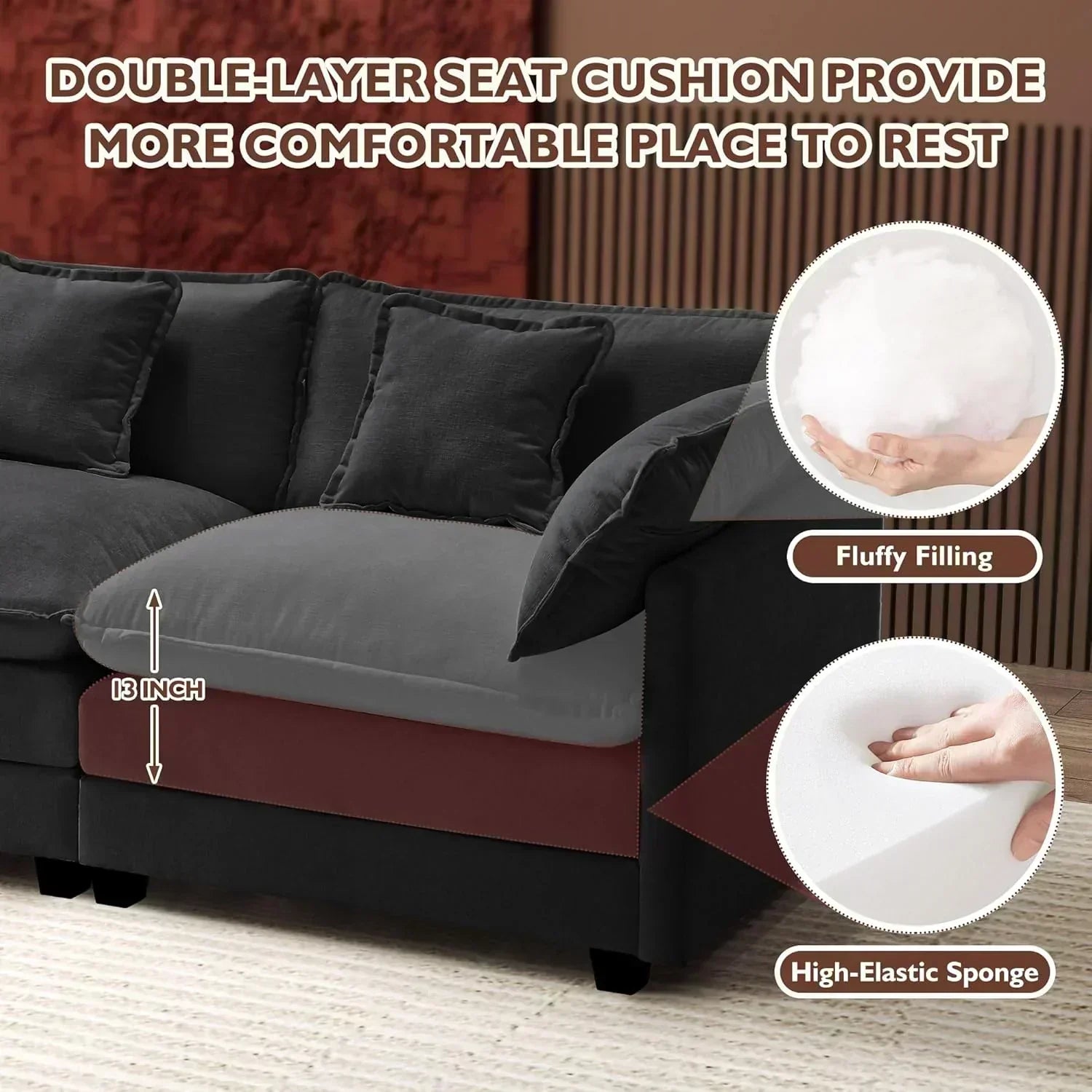 111.4 Inch L Shaped Modern Sofa Modular Cloud Sofa with Ottoman 4 Seater Chenille Deep Seat Sofa wourant