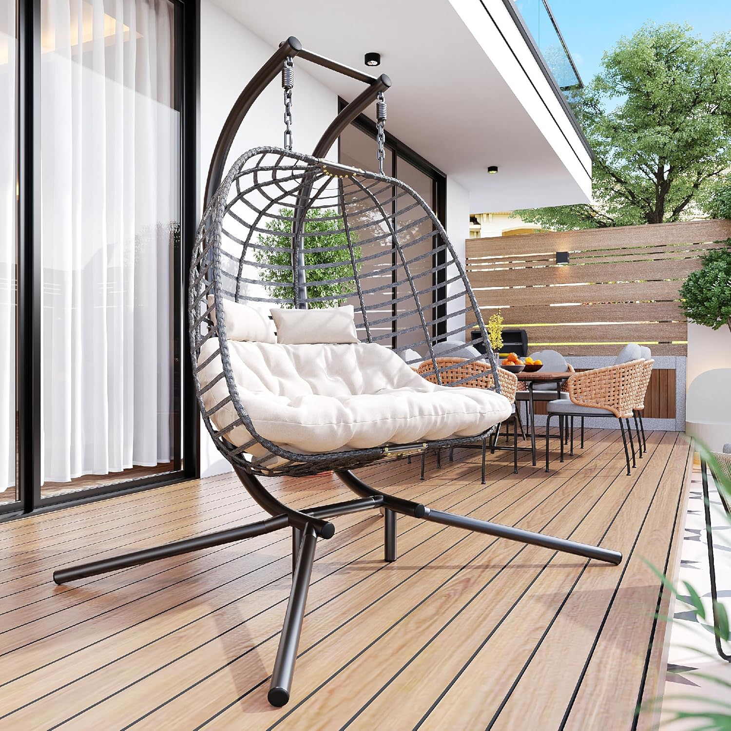 HWB Hanging Egg Chair with Stand Patio Wicker Hammock Egg Swing Chair Cushion for Bedroom wourant