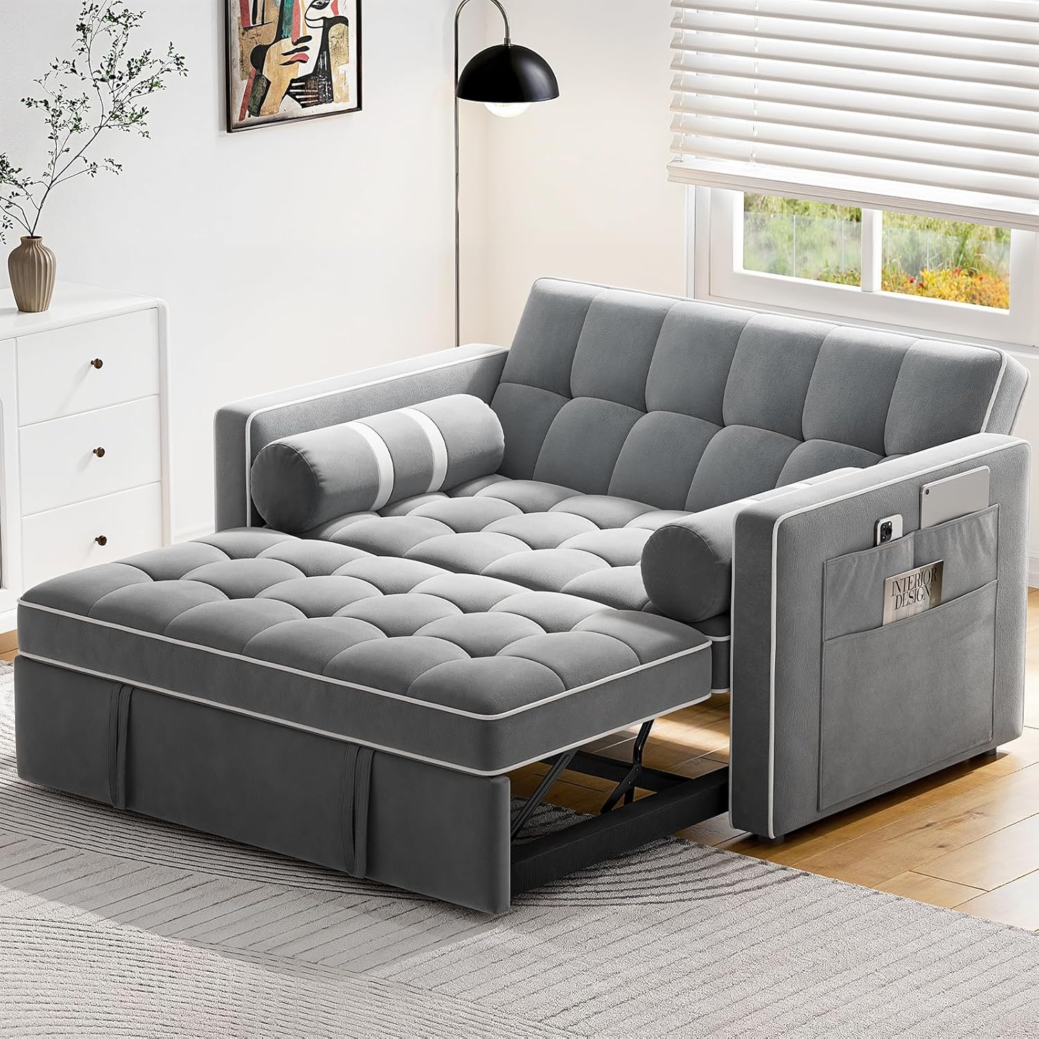 Pipishell 3 in 1 Convertible Sleeper Sofa Bed Pull Out Couch for Living Room USB Ports Side Pockets wourant