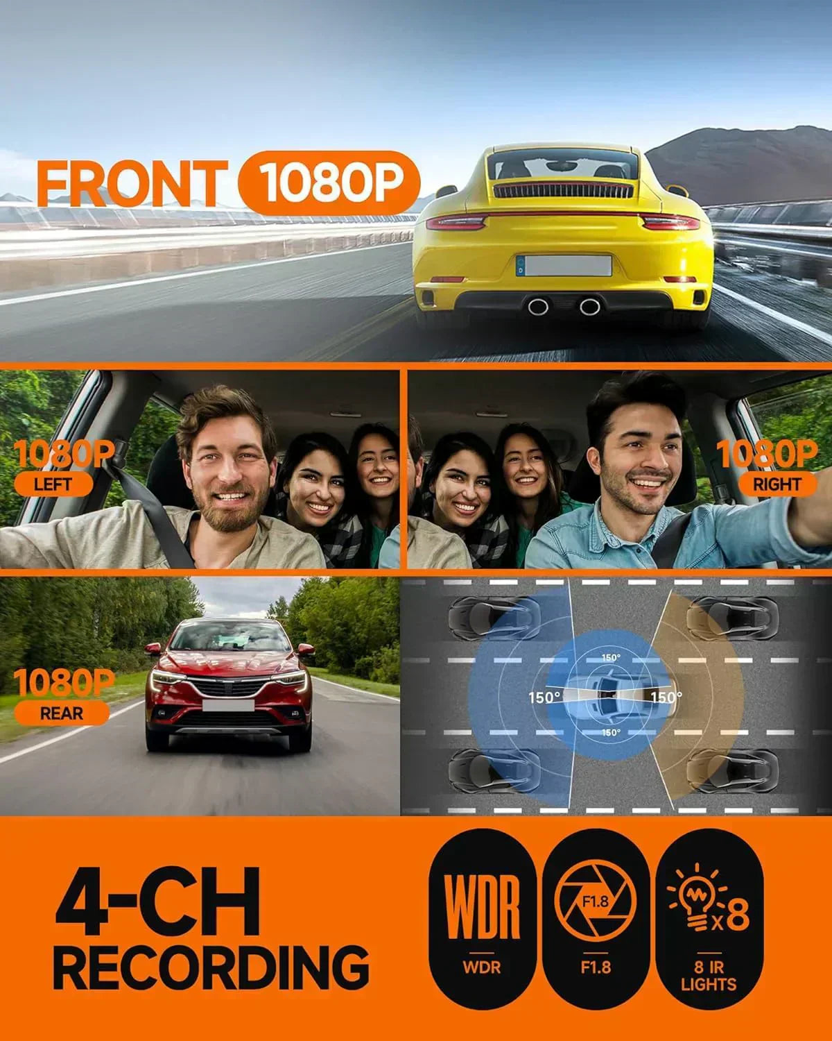 360° Dash Cam 4-Channel FHD 4*1080P Wi-Fi GPS Voice Control Car Camera Front 2K+1080P wourant