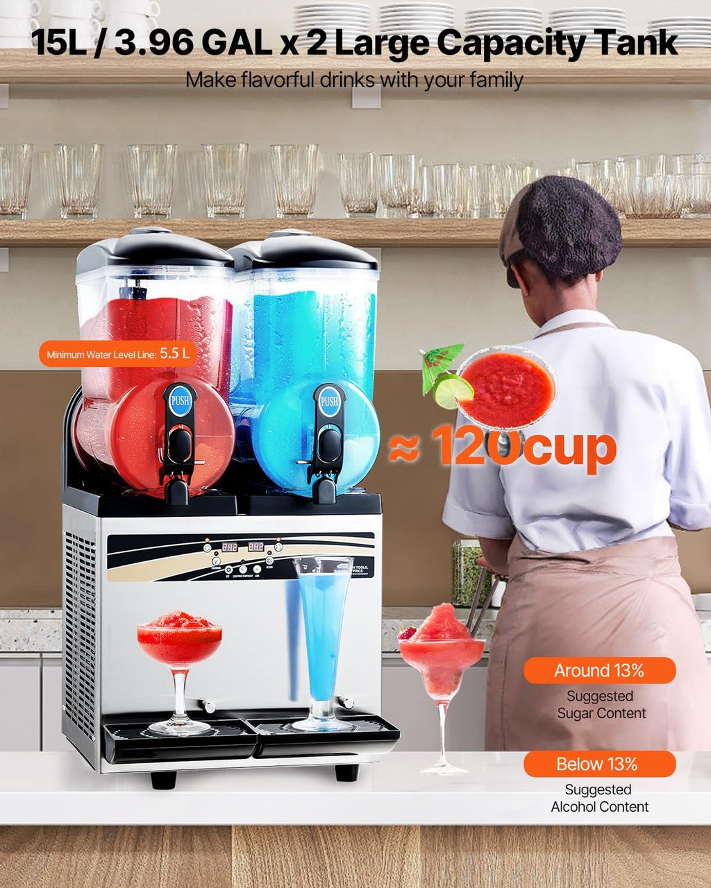 VEVOR Slushy Machine 15Lx2 Double Tank Commercial Margarita Machine 120 Cups Stainless Steel wourant