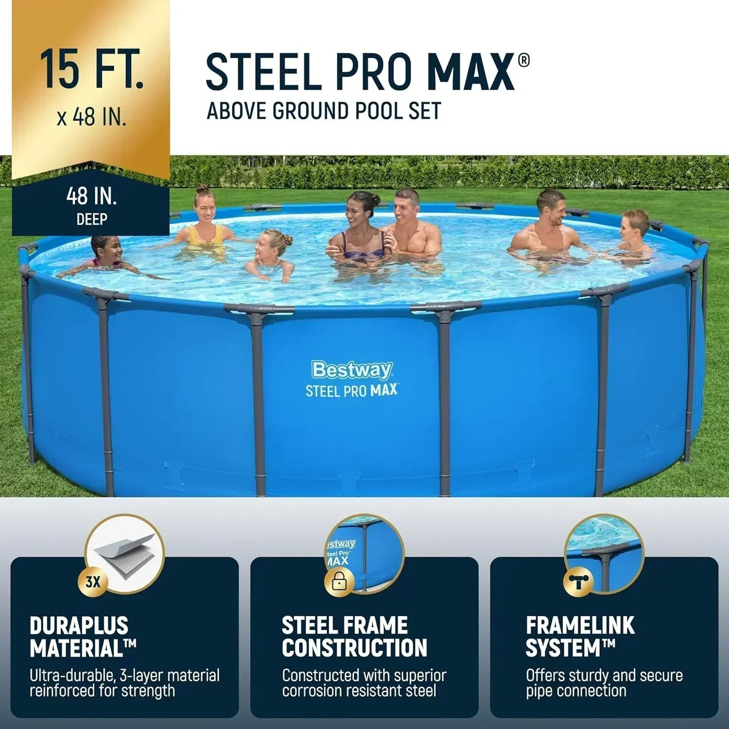 Steel Pro MAX 14 Foot x 48 Inch Round Metal Frame Above Ground Outdoor Swimming Pool Set wourant