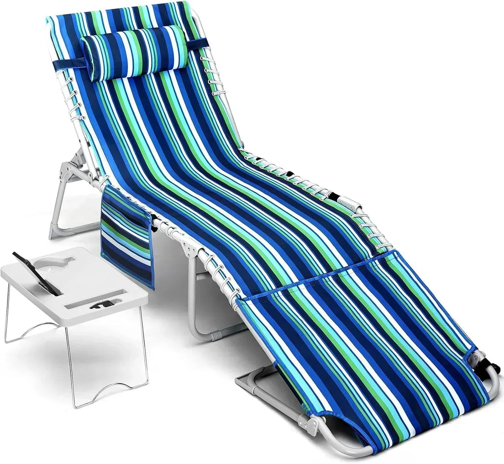 3-in-1 Beach Chair Face Holes Lounge Chair Outdoor with Folding Side Table 5-Position Recliner wourant