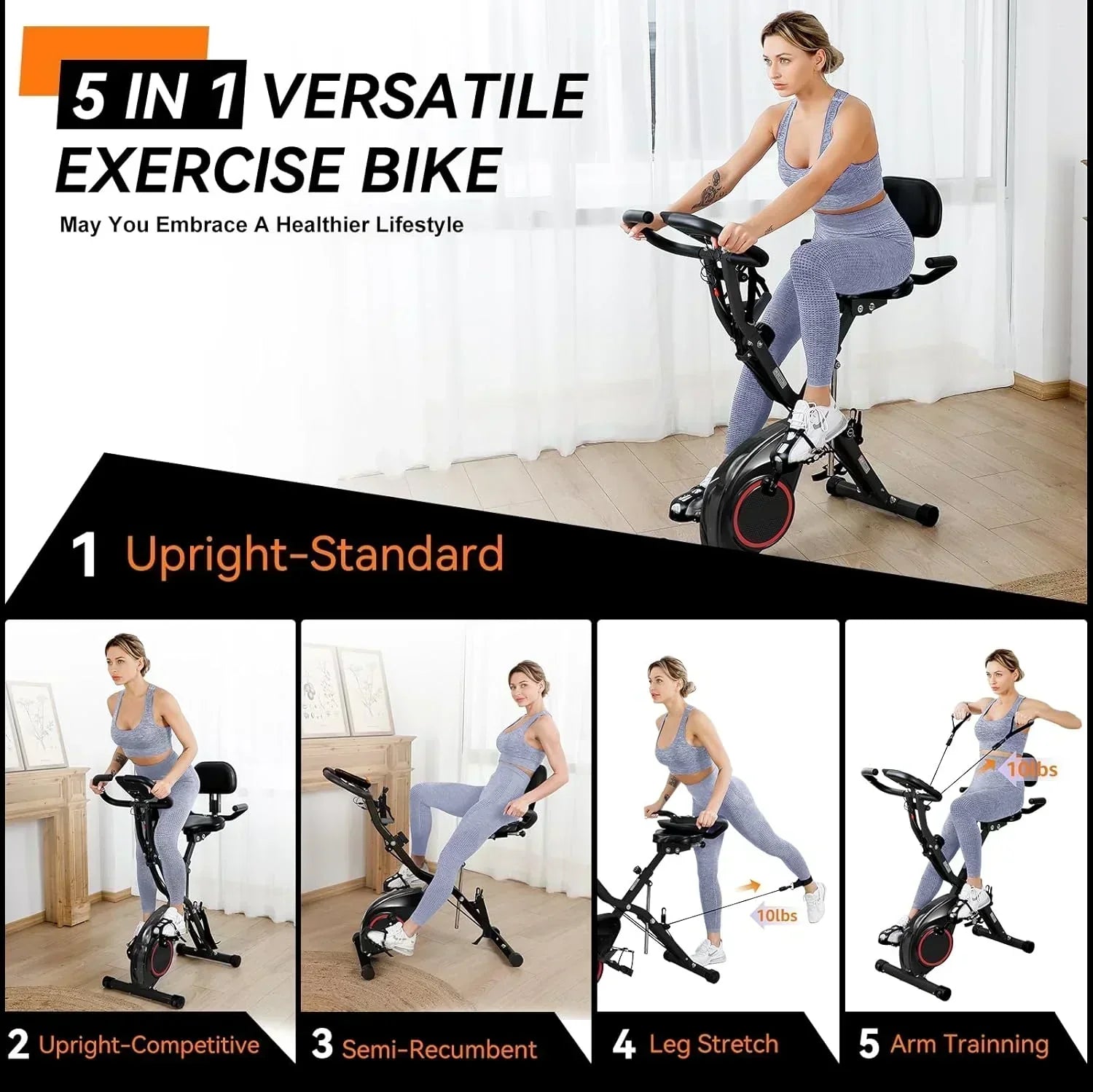 Foldable Exercise Bike Stationary Bikes  5 IN 1 Indoor Workout Cycling Bike Quiet Magnetic Resistance wourant
