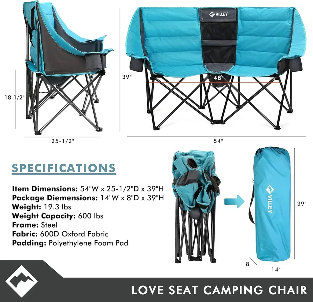 Double camping chair extra wide love seat heavy duty padded camping sofa portable folding chair wourant