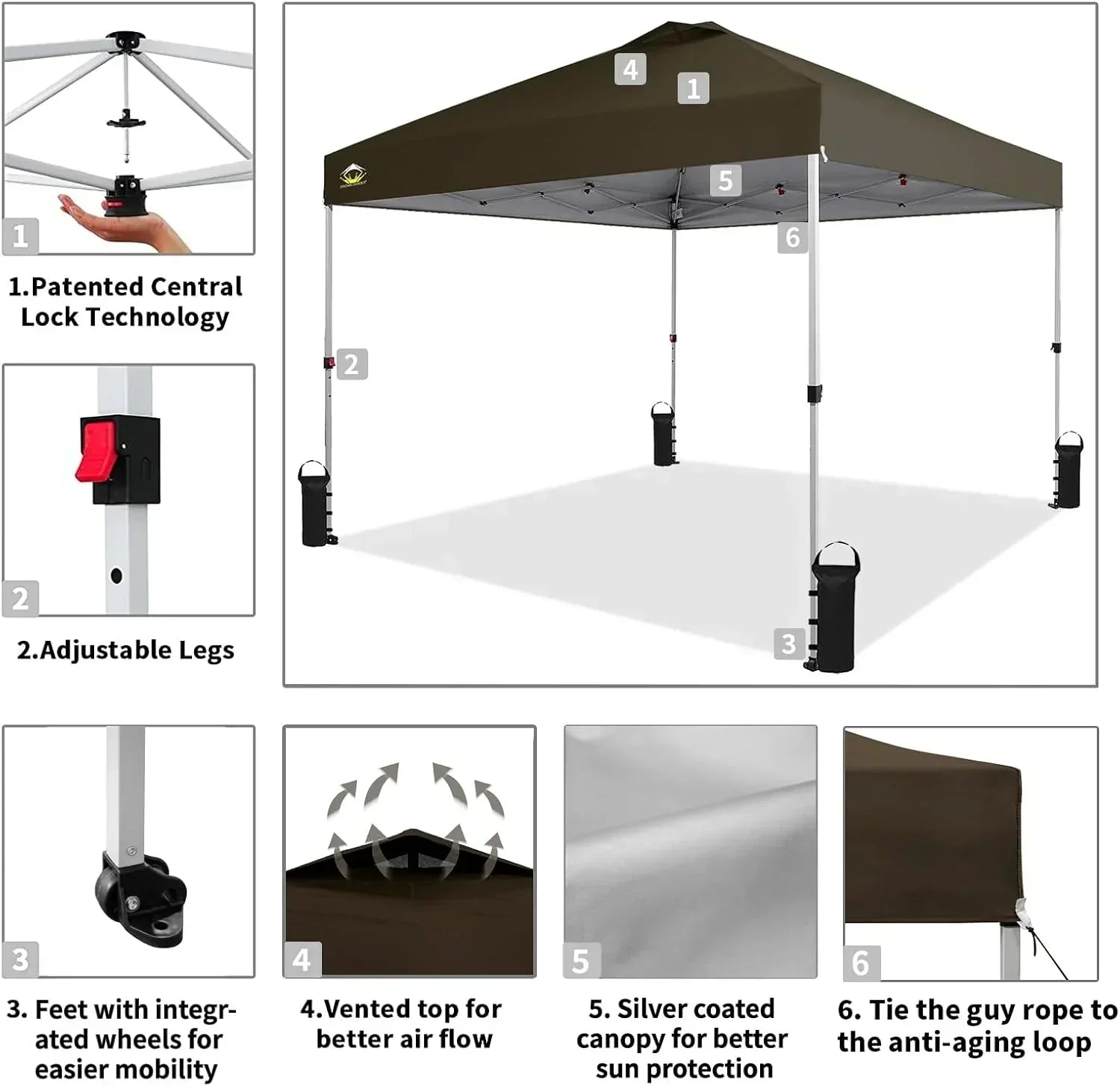 10x10 Pop-Up Awning One-Click Installation Beach Tent Outdoor Sunshade Silver Coated Top wourant
