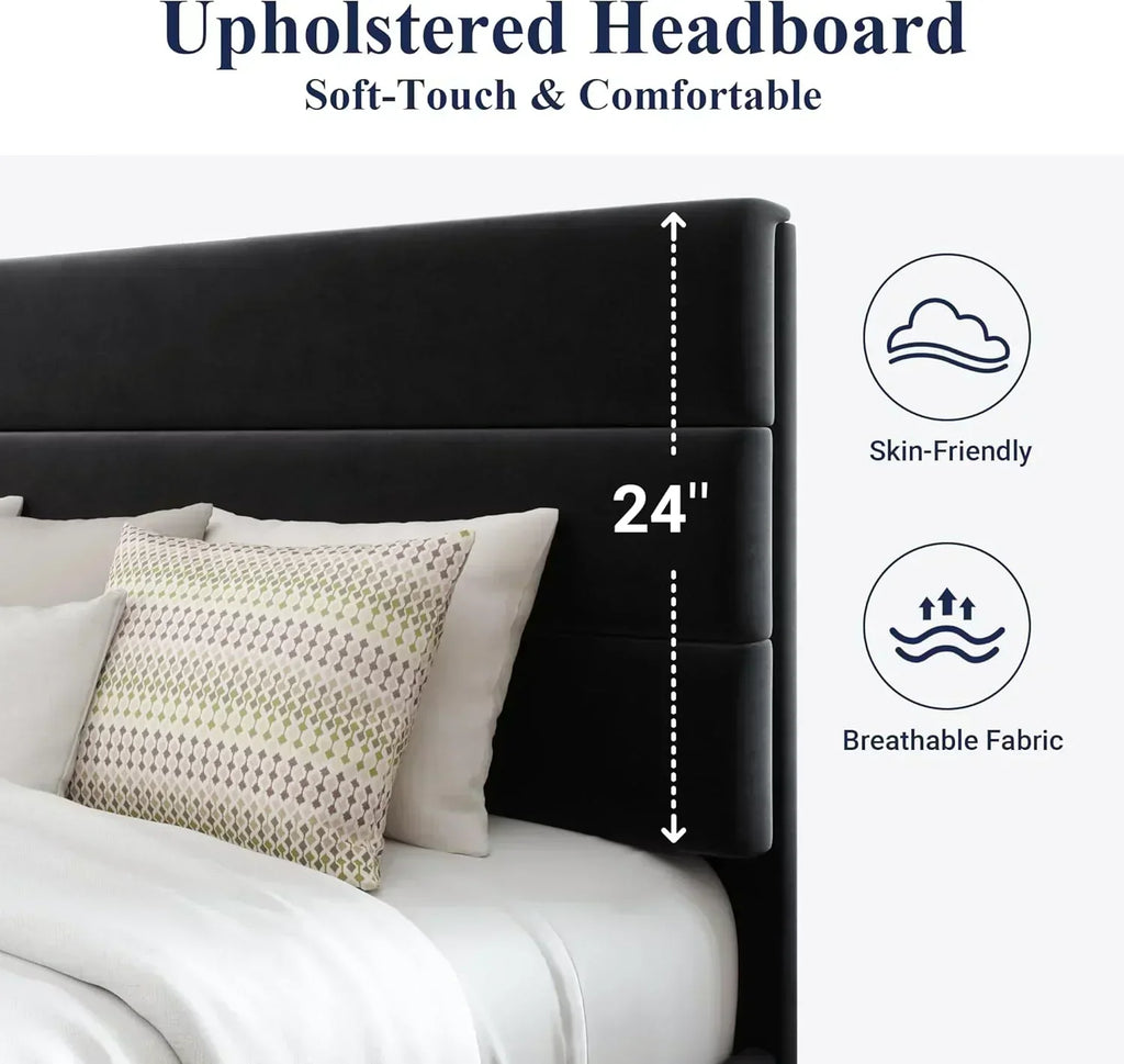 Allewie Queen Size Platform Bed Frame with Fabric Upholstered Headboard Wooden Slats Support wourant