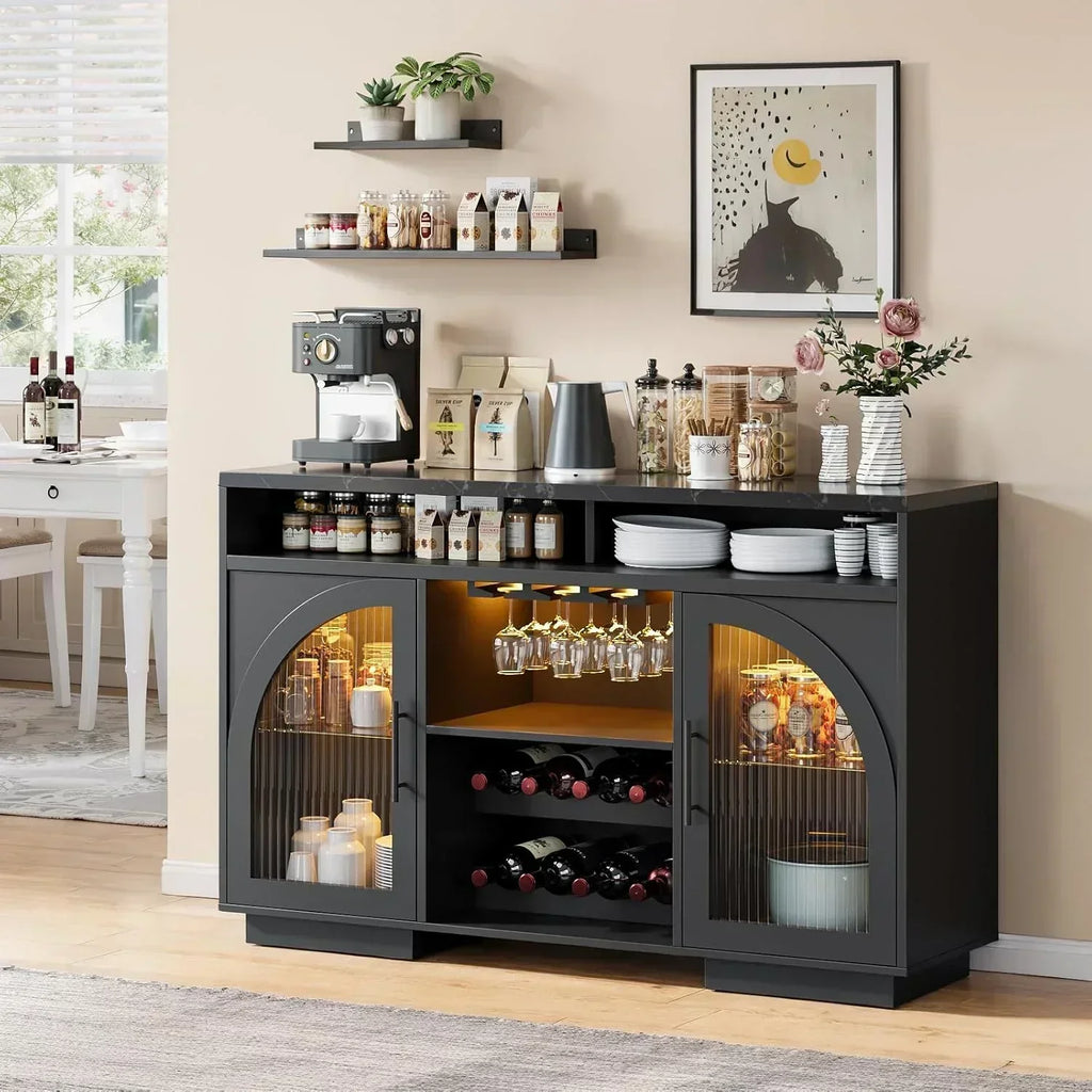 Sideboard 54-inch kitchen cabinet with LED lights and arched glass doors tall bar cabinet wourant