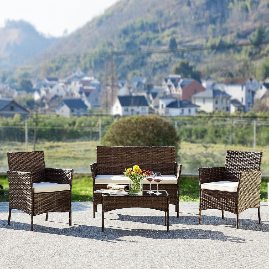 Sweetcripy Patio Furniture Set 3 Pieces Outdoor Furniture with Soft Cushion and Glass Table wourant
