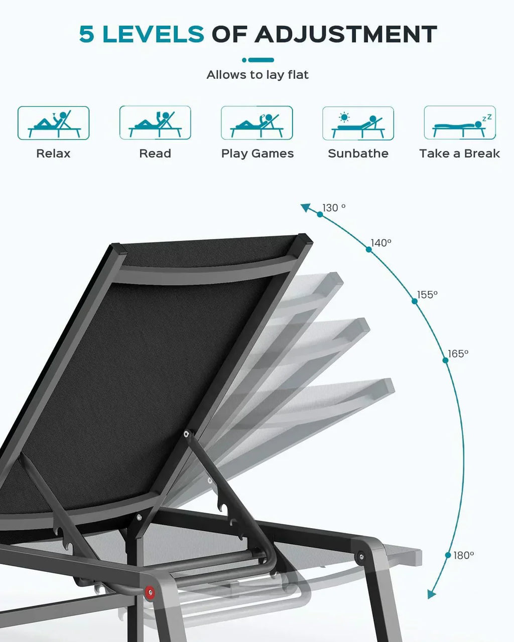 Aluminum Chaise Lounge Outdoor Foldable Assemble Free Outdoor Lounge Chair 5 Adjustable Backrest wourant