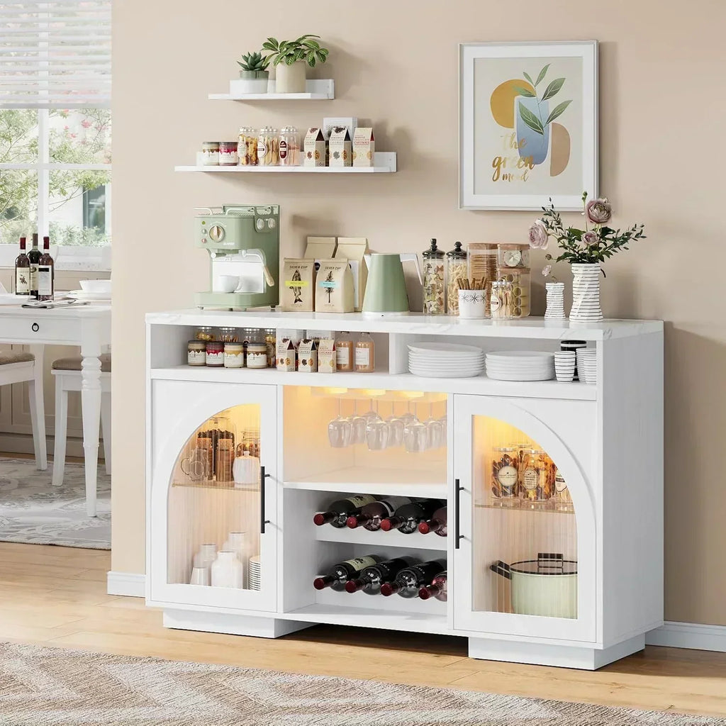 Sideboard 54-inch kitchen cabinet with LED lights and arched glass doors tall bar cabinet wourant
