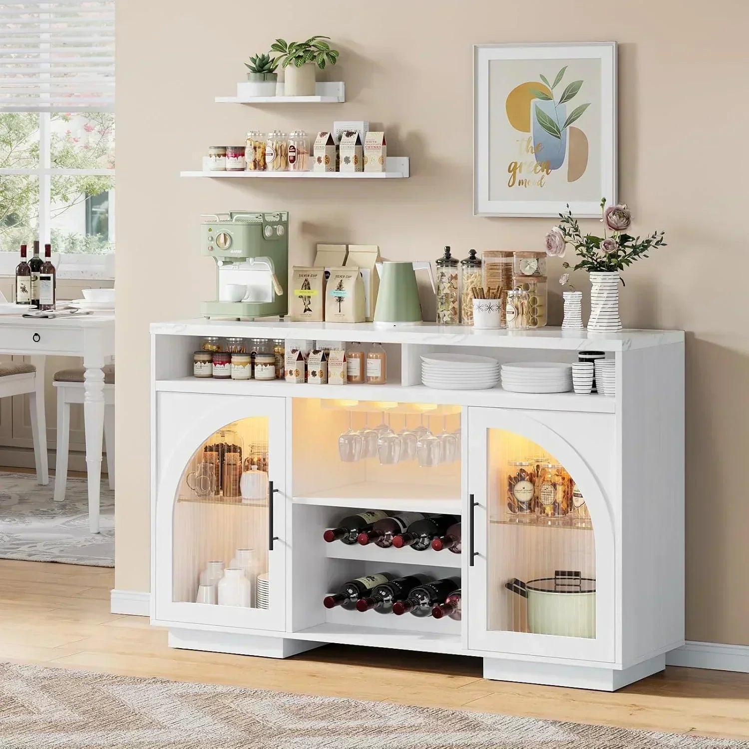 Sideboard 54-inch kitchen cabinet with LED lights and arched glass doors tall bar cabinet wourant