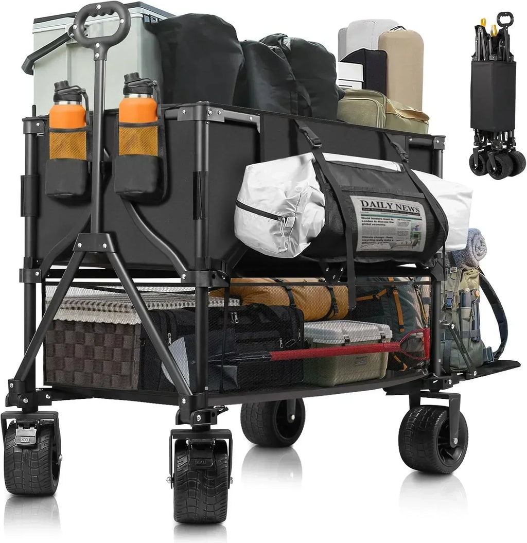 Double Decker Wagon Heavy Duty Collapsible 600LBS 400L Capacity Foldable Utility Cart wourant