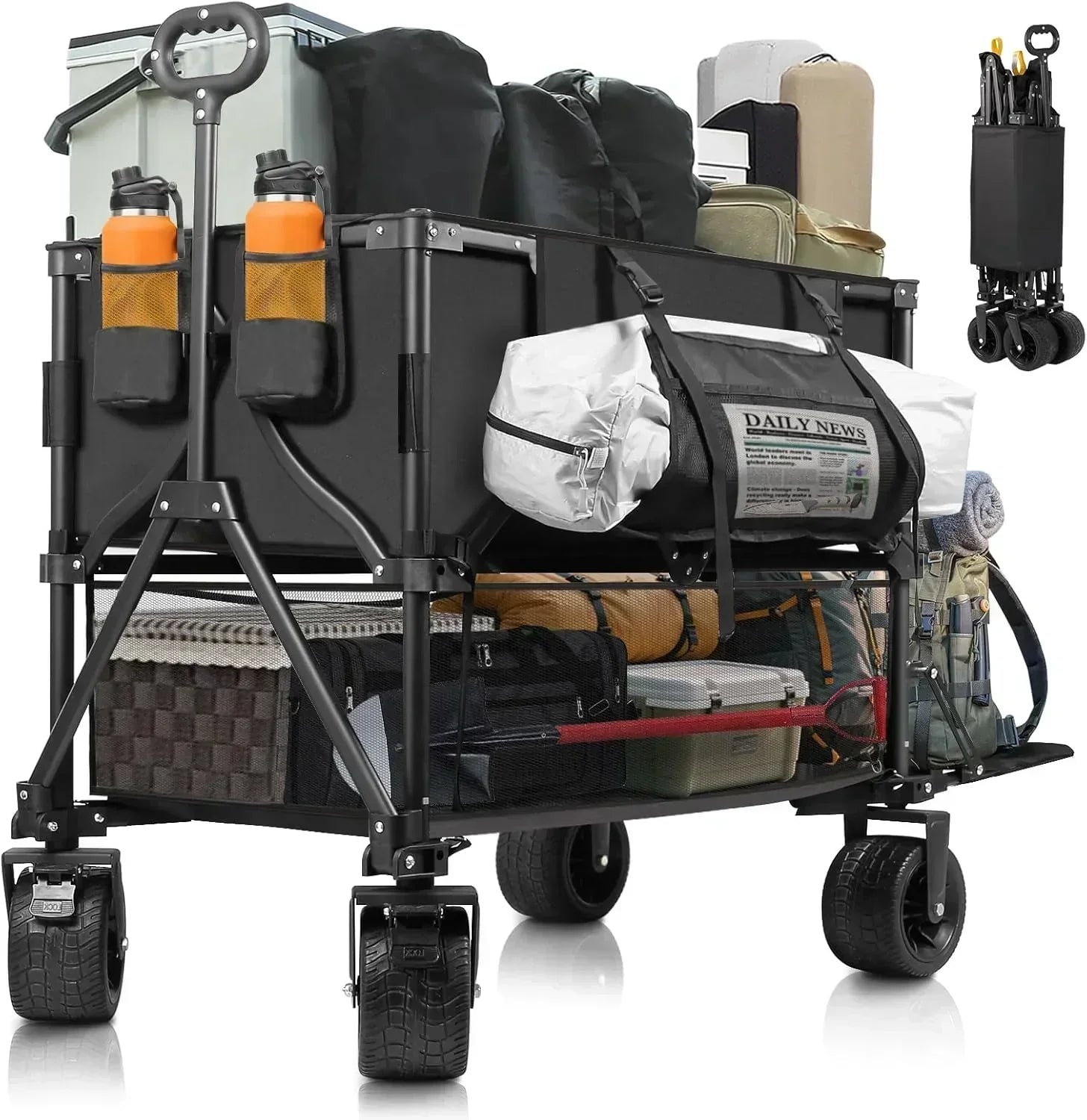 Double Decker Wagon Heavy Duty Collapsible 600LBS 400L Capacity Foldable Utility Cart wourant
