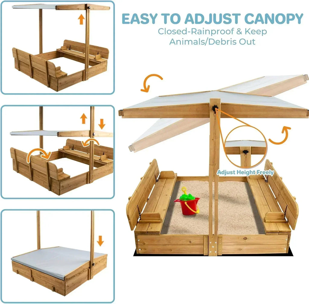 Kids Sandbox with Lid Wooden Sand Box Cover Outdoor UV-Protection Natural Wood Foldable Bench Seat wourant