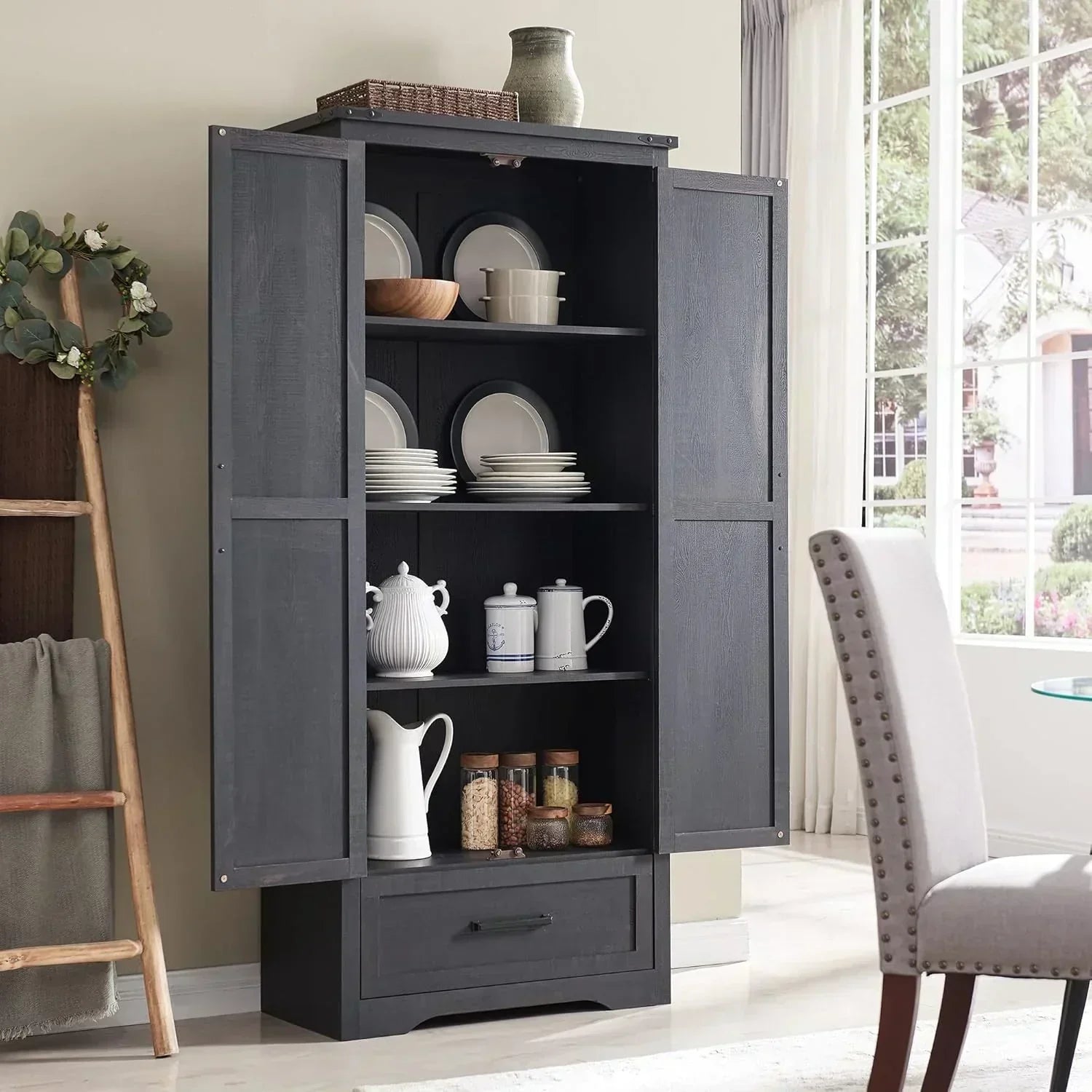 JXQTLINGMU Farmhouse Kitchen Pantry 72" Tall Wood Kitchen Storage Cabinet Adjustable Shelves wourant