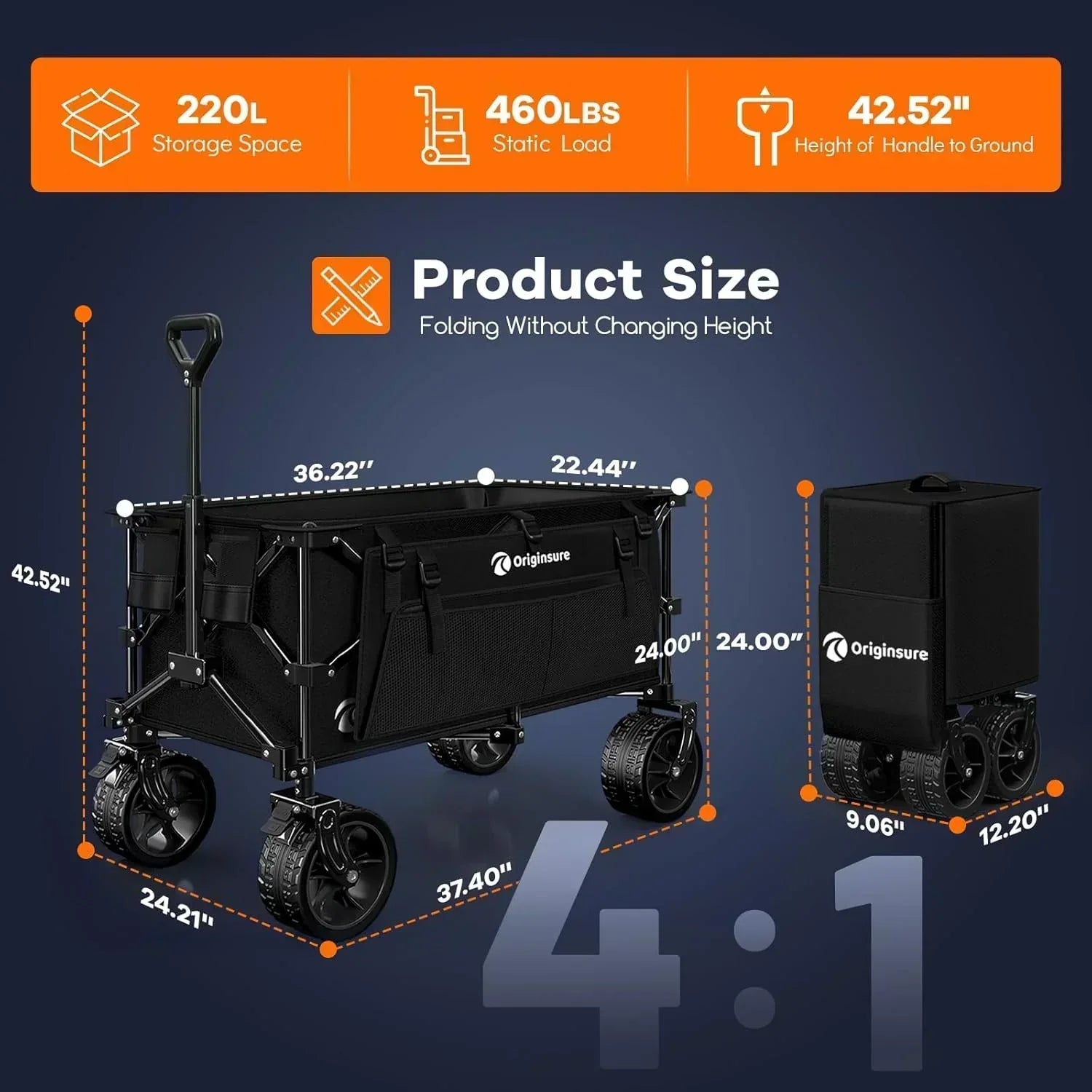 38" long foldable four-wheel stroller 460 lb capacity 220 liter folding beach stroller wourant