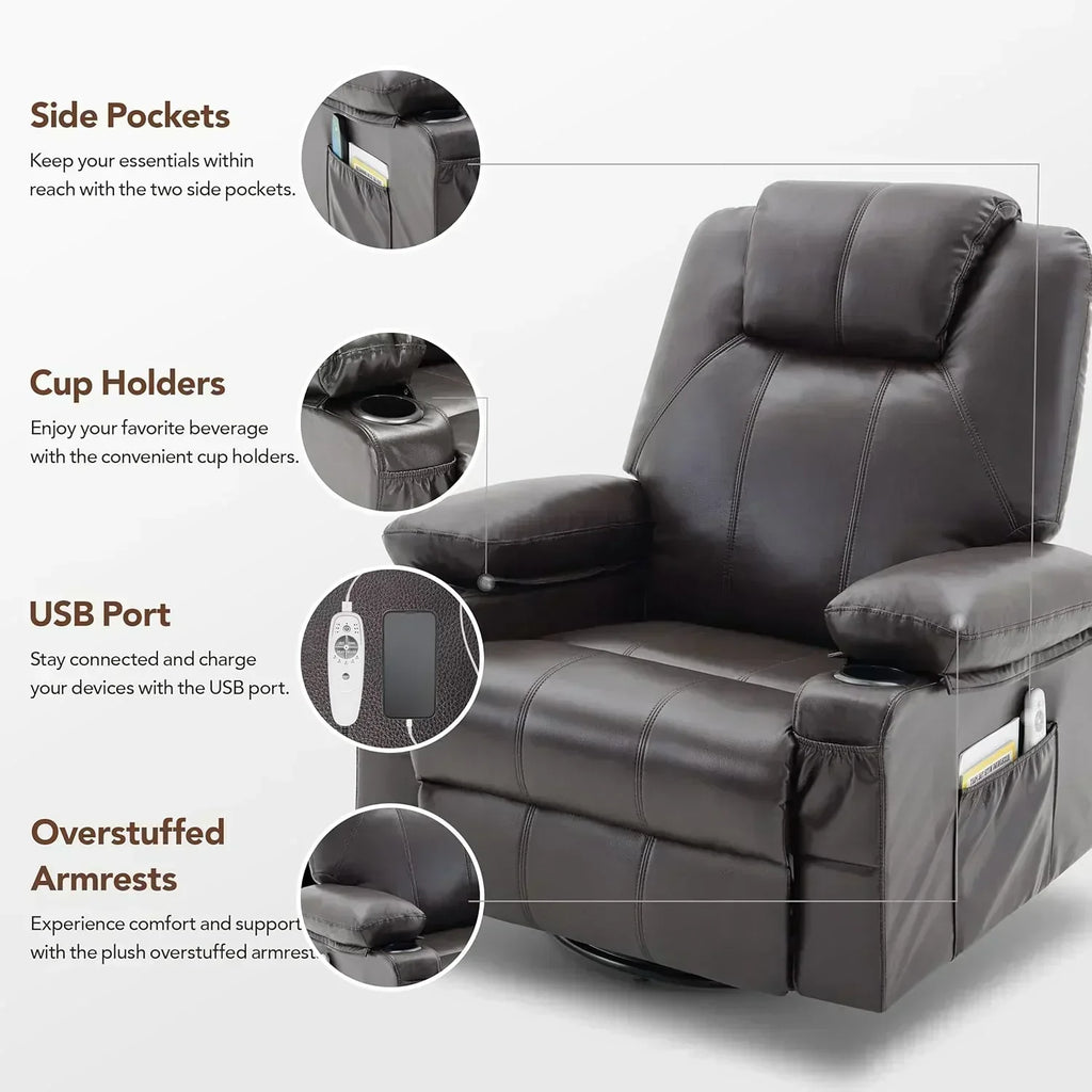 Large Swivel Rocking Recliner with Massage Function 360 Degree Swivel Rocking Single Sofa wourant
