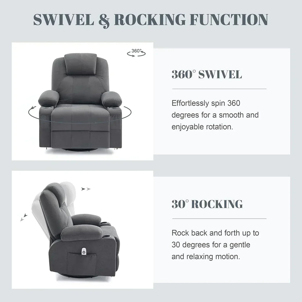 Large Swivel Rocking Recliner with Massage Function 360 Degree Swivel Rocking Single Sofa wourant