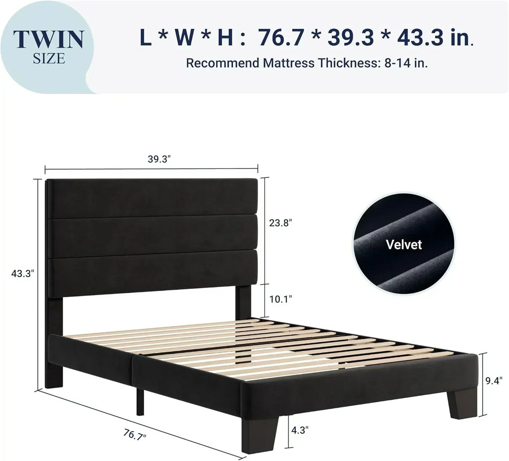 Allewie King size platform bed frame with velvet upholstered headboard and planks wourant