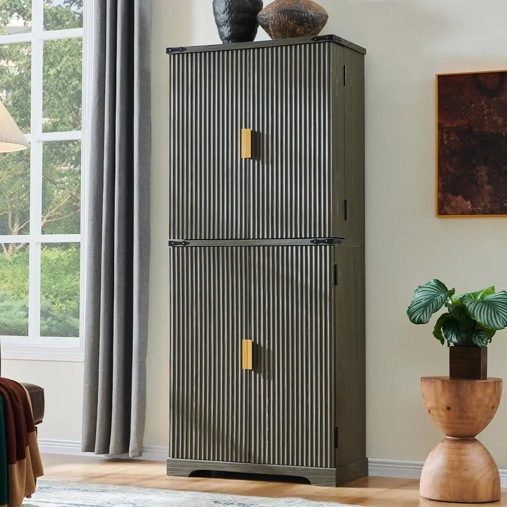 Fluted Pantry Cabinet 72" Tall Modern Storage Cabinet with 4 Doors Organizer Drawer wourant