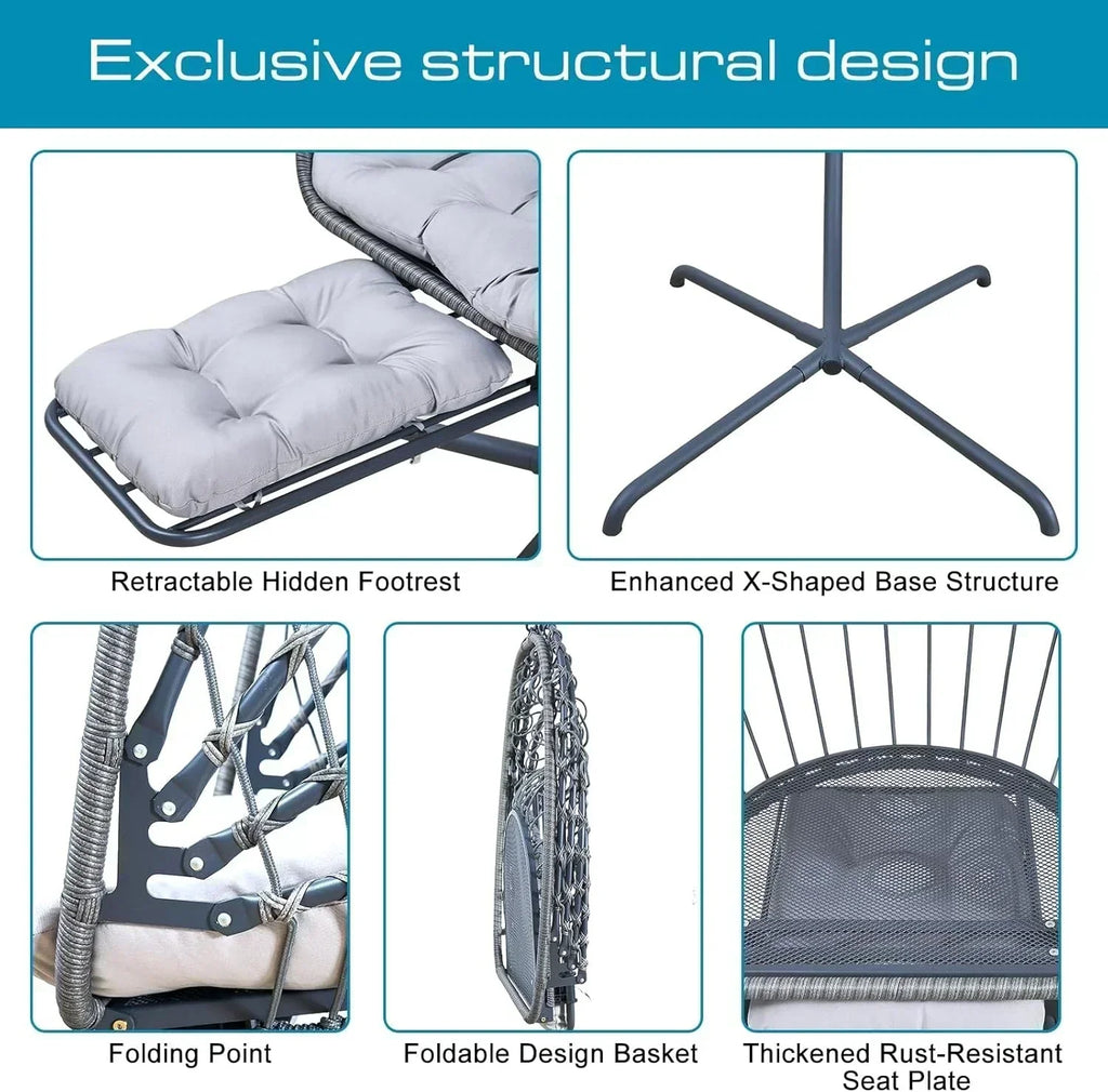 Hanging Egg Chair with Stand and Leg Rest Rattan Wicker Swing Hammock Chair UV-Resistant Cushion wourant
