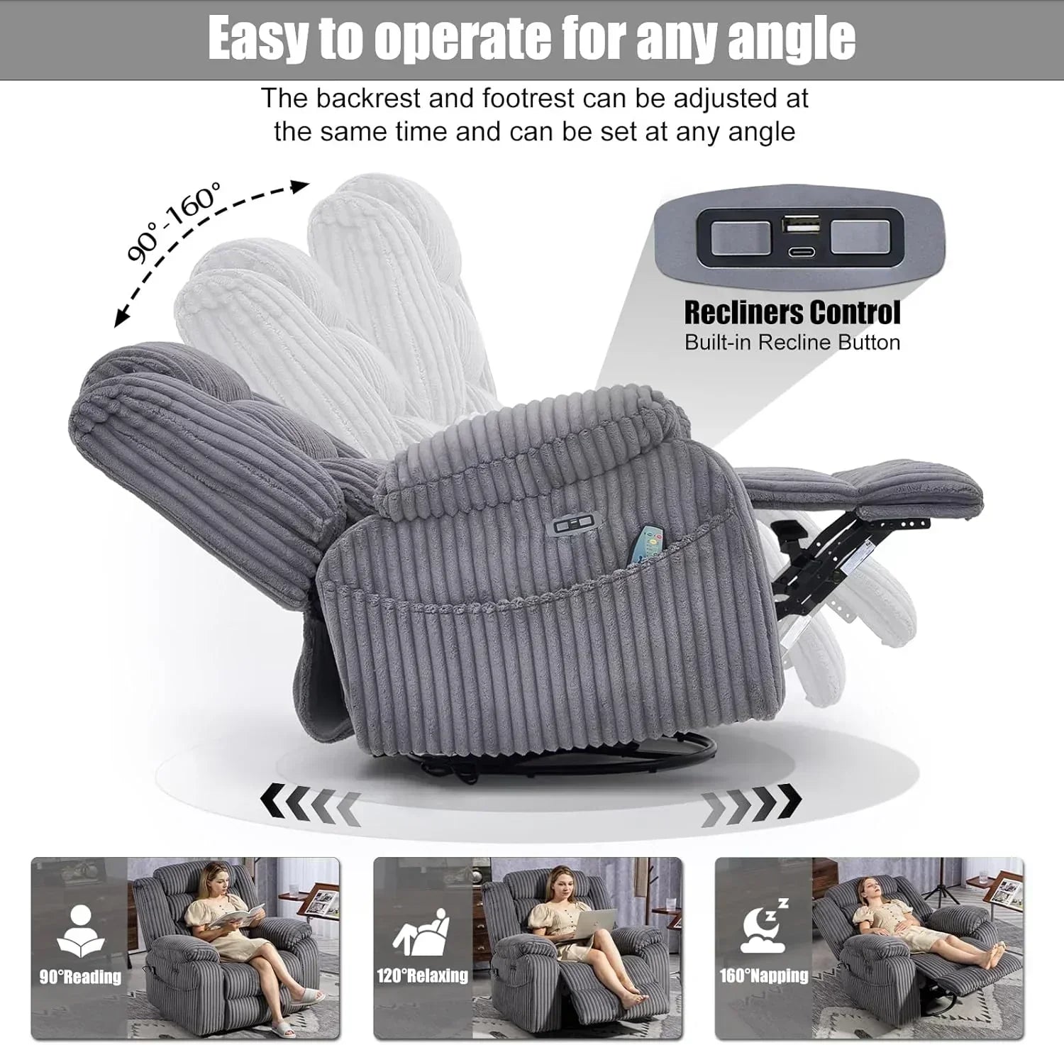 Electric rotary rocker lounge chair for adults with massage and calories USB charging ports wourant