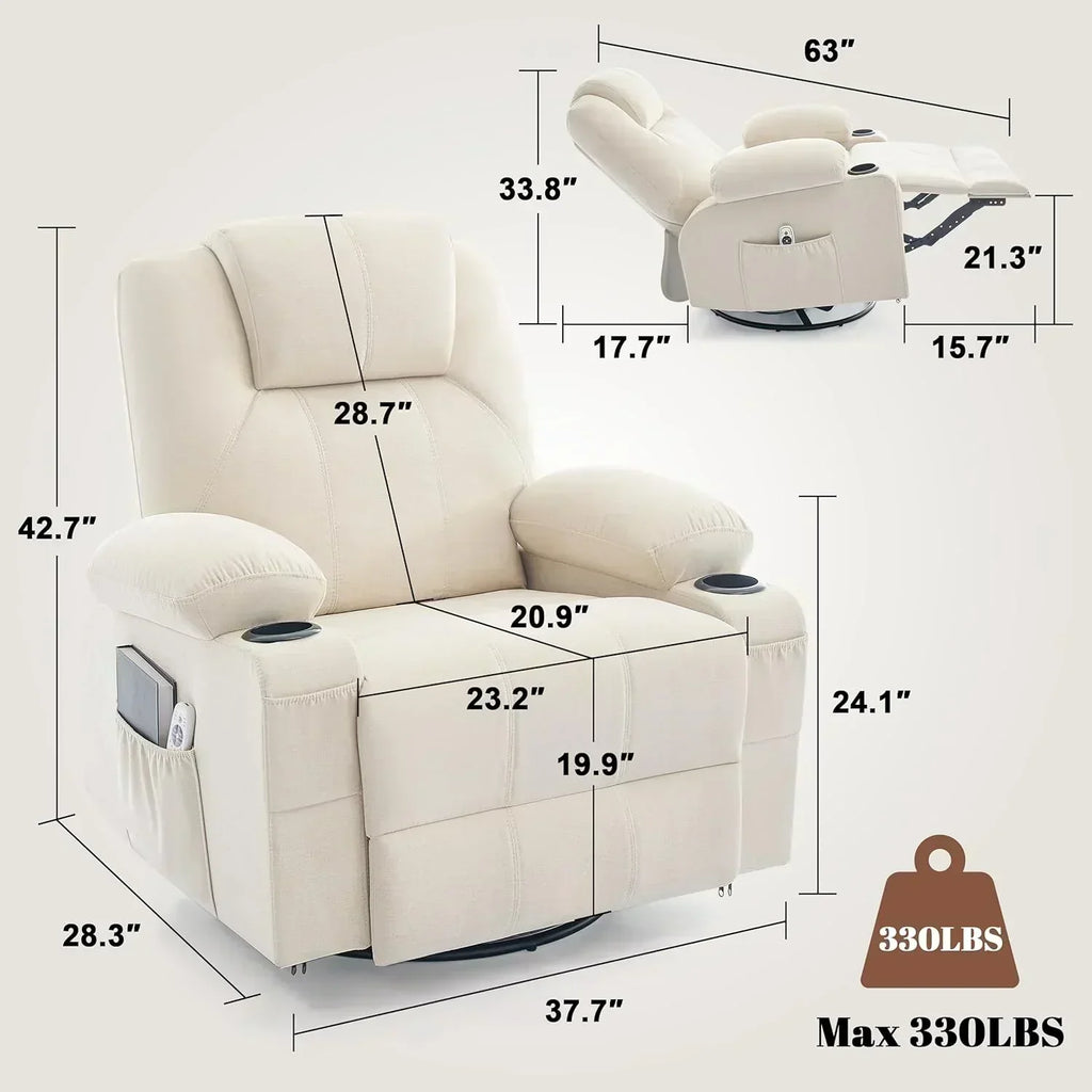 Large Swivel Rocking Recliner with Massage Function 360 Degree Swivel Rocking Single Sofa wourant