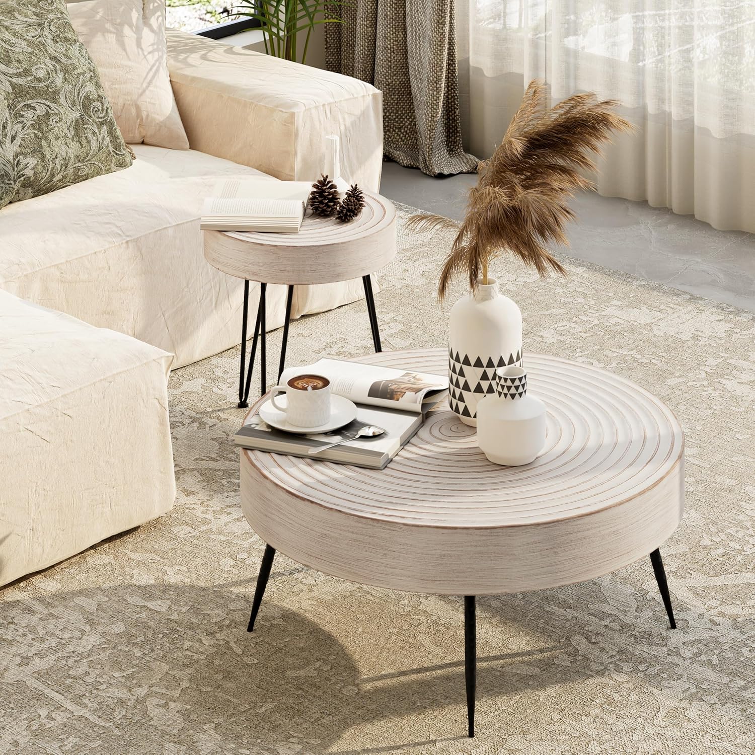 Two-Piece Modern Farmhouse Living Room Coffee Table Set Round Nesting Tables wourant