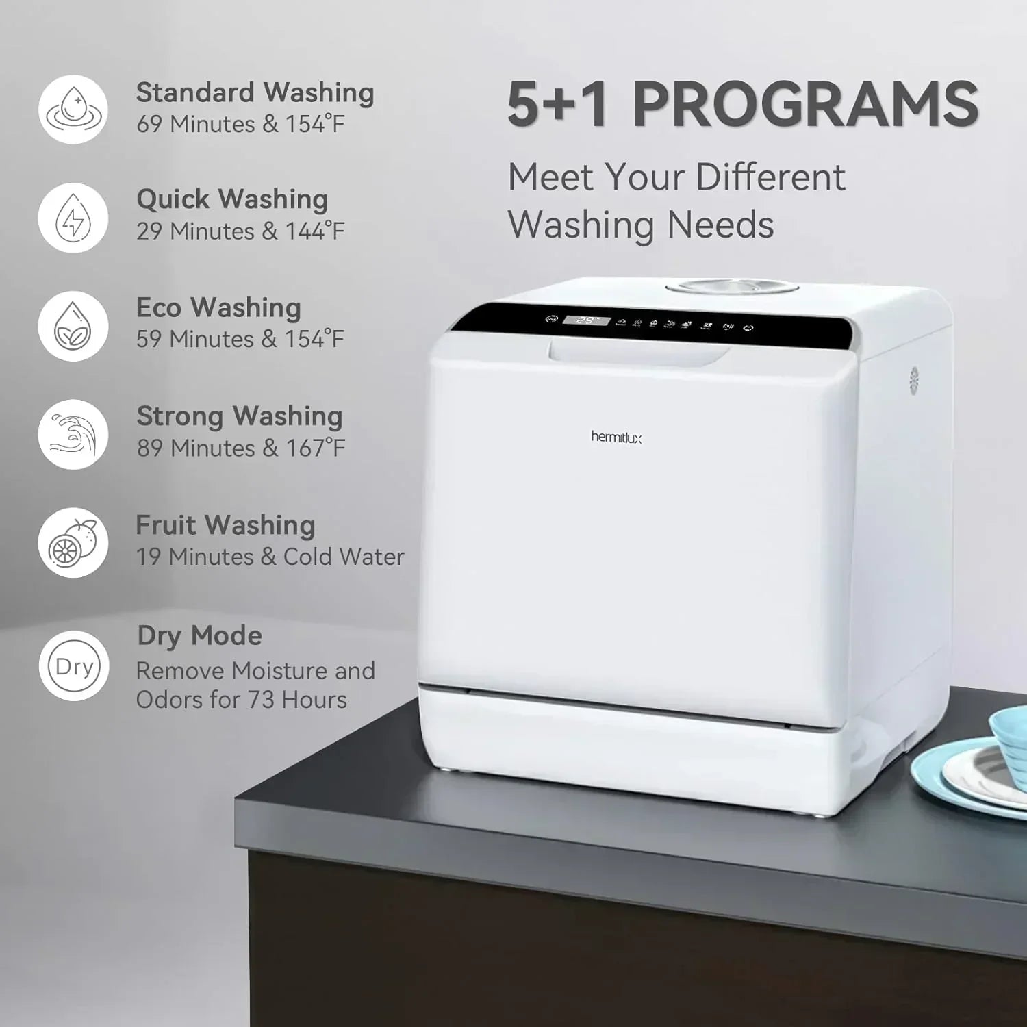 Hermitlux tabletop dishwasher 7 wash programs portable mini dishwasher wourant