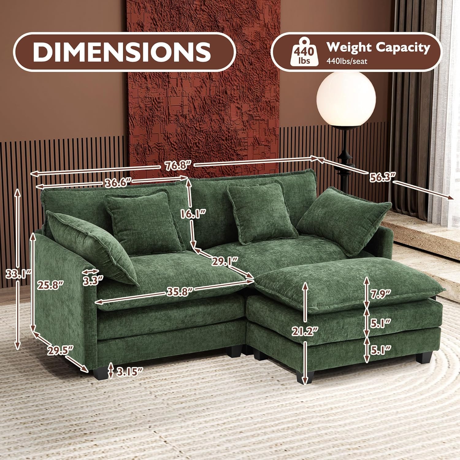 ihanherry 146-inch U-shaped modern sofa modular area cloud sofa wourant