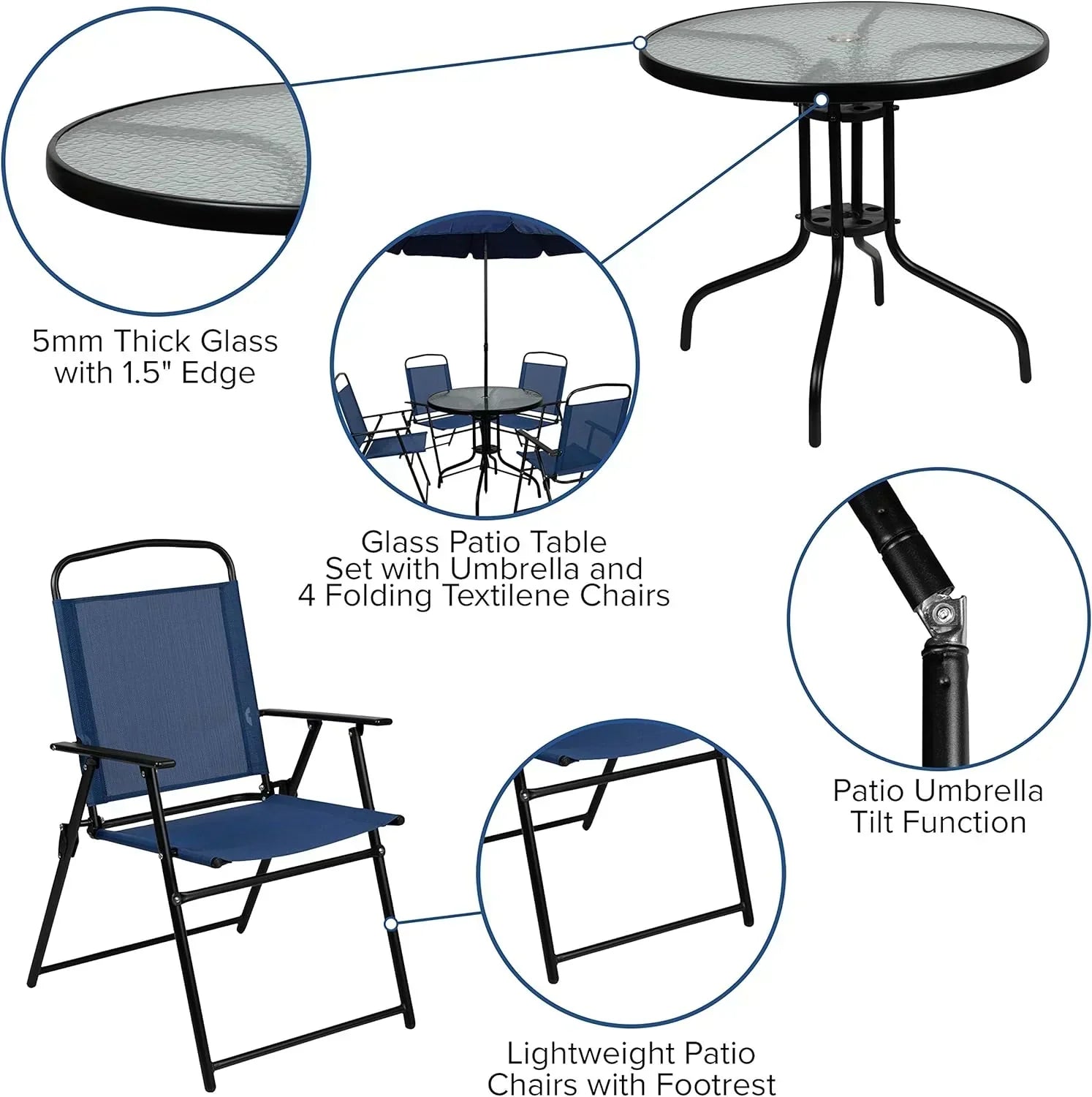 EMMA + OLIVER 6 Piece Brown Patio Garden Set with Umbrella Table Set of 4 Folding Chairs wourant