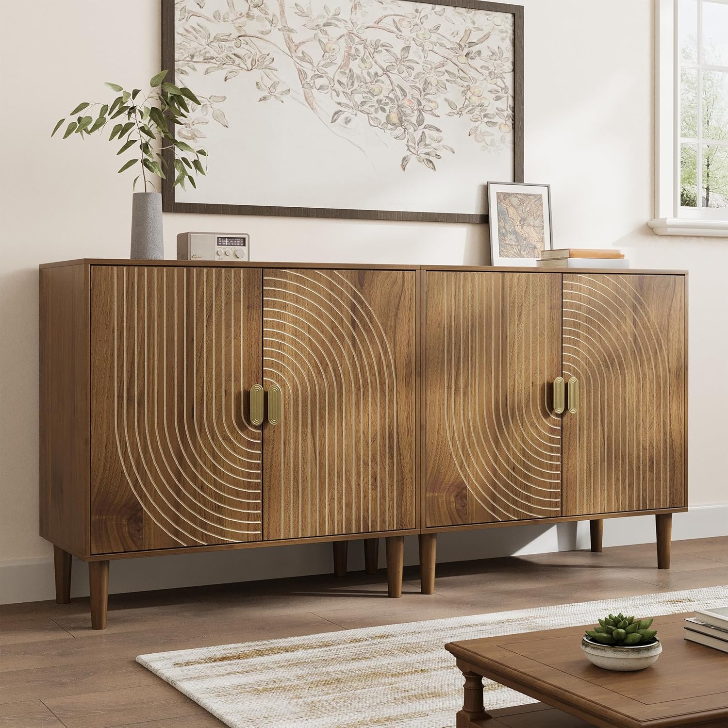 Walnut sideboard freestanding dining cabinet with cable channel design wooden storage cabinet wourant