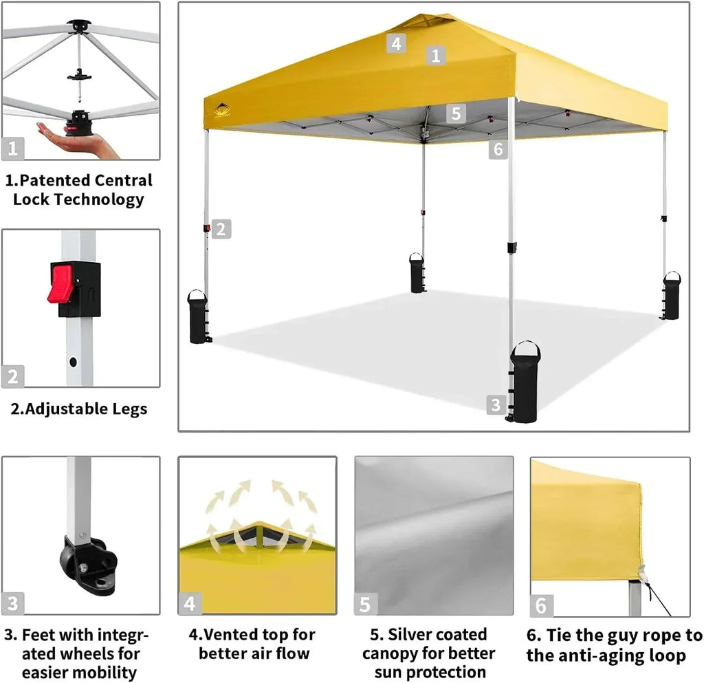10x10 Pop-Up Awning One-Click Installation Beach Tent Outdoor Sunshade Silver Coated Top wourant