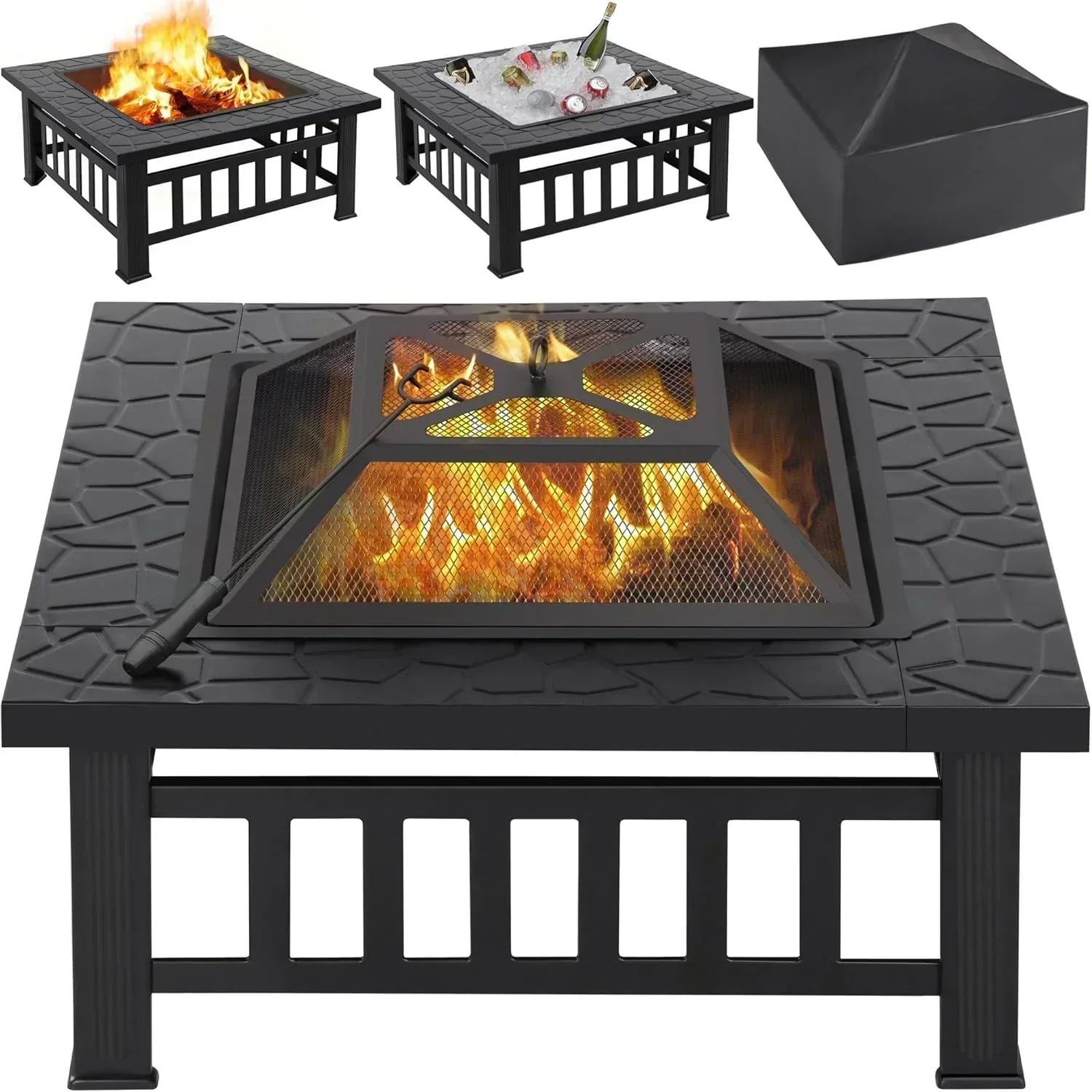 Yaheetech Multifunctional Fire Pit Table Square Metal Firepit Stove Backyard Patio Garden Fireplace wourant