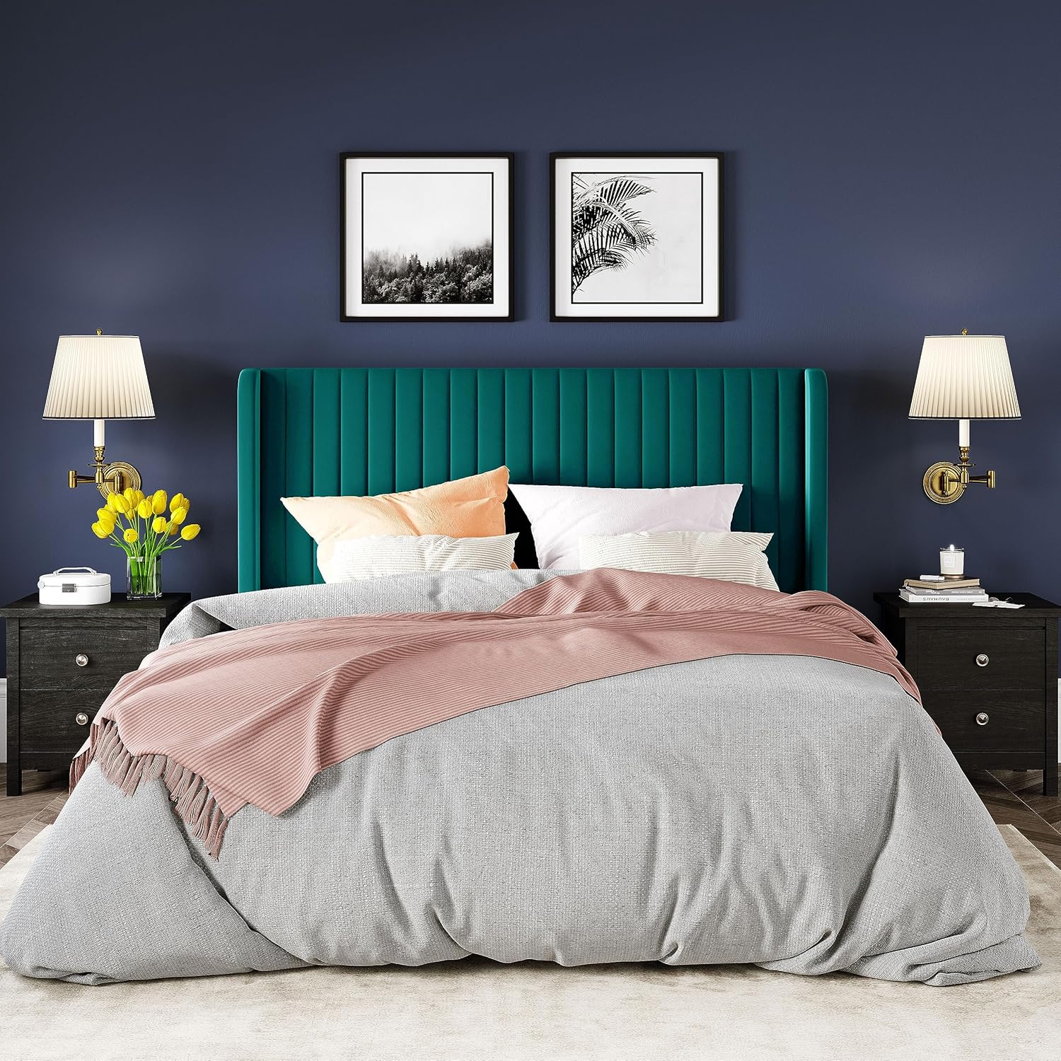 Allewie Full Size Velvet Bed Frame Vertical Channel Tufted Wingback Headboard Upholstered Bed wourant