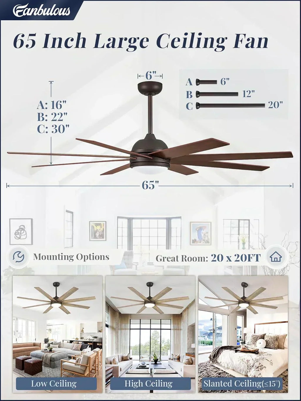 Ceiling Fan Indoor/Outdoor 8 Blades 65 inches wourant
