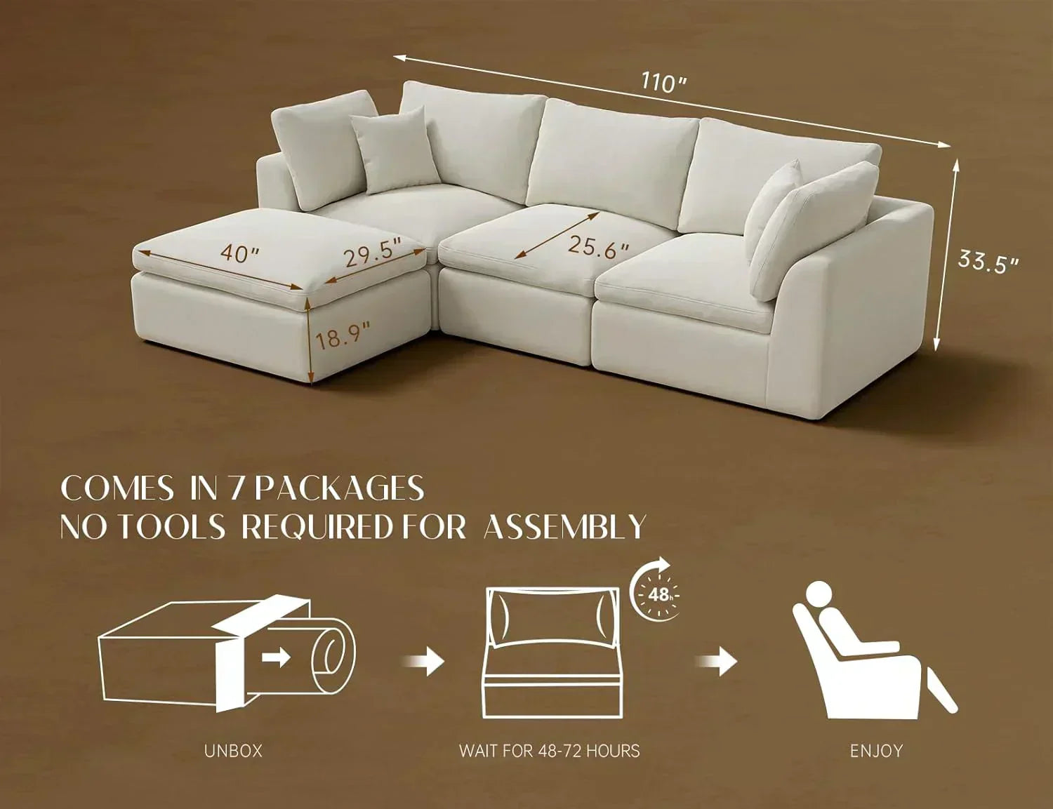 110 inch cloud sectional sofa for living room convertible L-shaped sofa 3 seater sectional sofa wourant