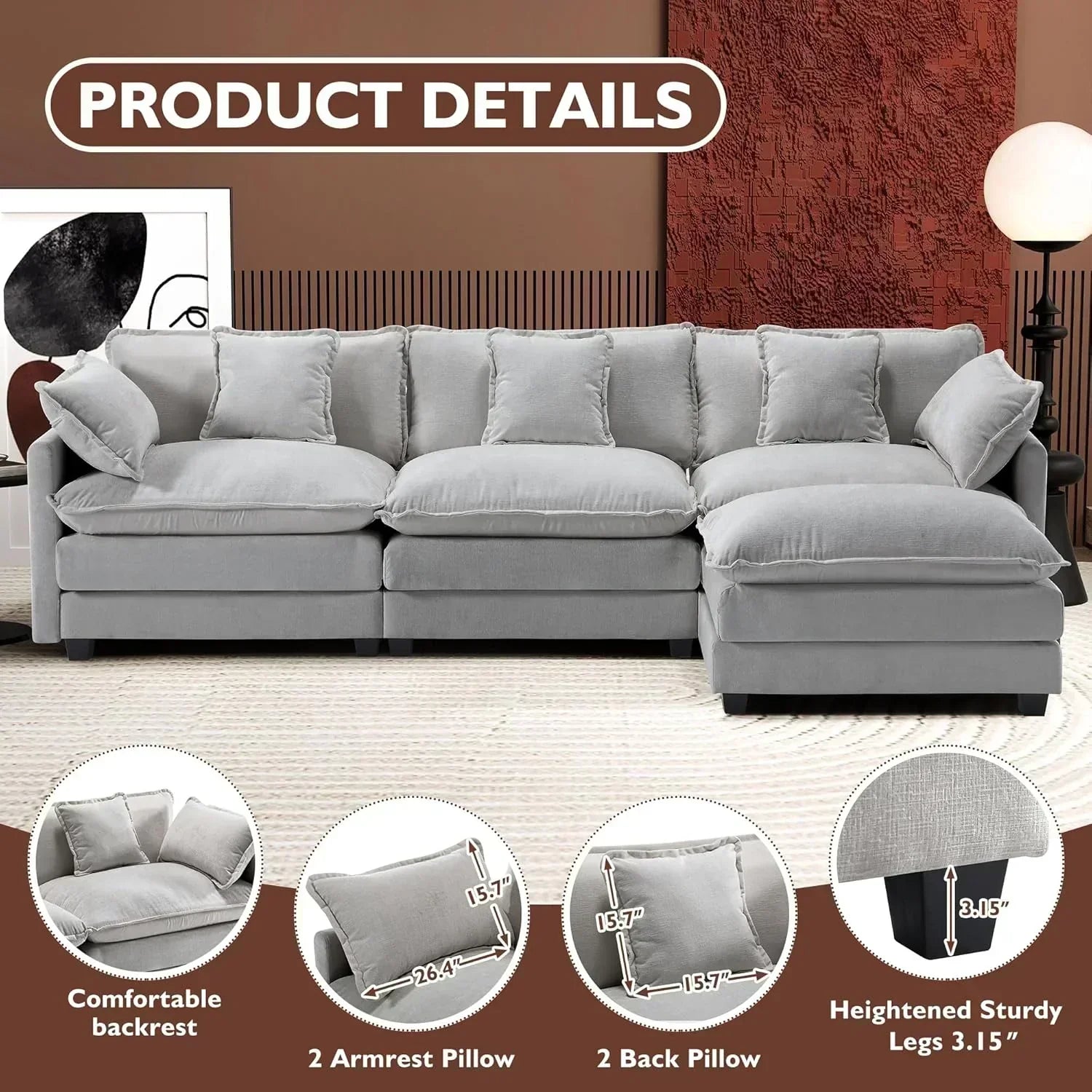 111.4 Inch L Shaped Modern Sofa Modular Cloud Sofa with Ottoman 4 Seater Chenille Deep Seat Sofa wourant