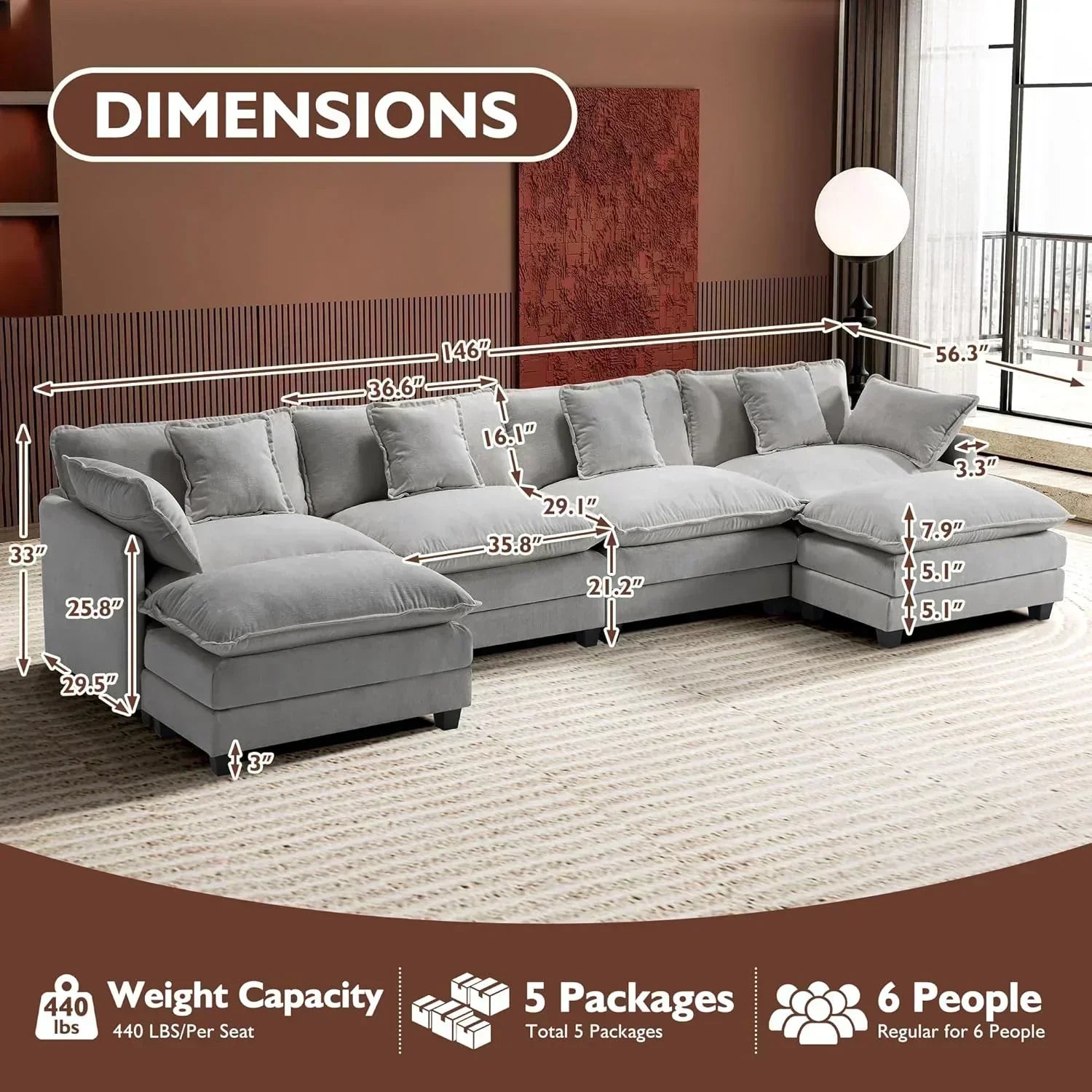 111.4 Inch L Shaped Modern Sofa Modular Cloud Sofa with Ottoman 4 Seater Chenille Deep Seat Sofa wourant