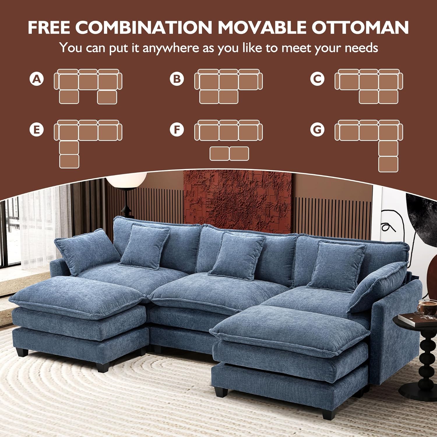 ihanherry 146-inch U-shaped modern sofa modular area cloud sofa wourant