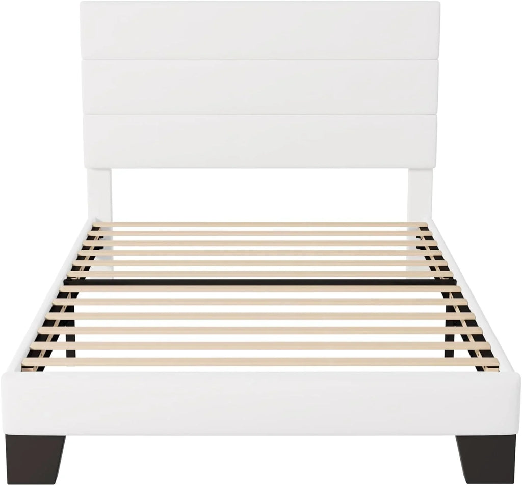 Allewie King size platform bed frame with velvet upholstered headboard and planks wourant