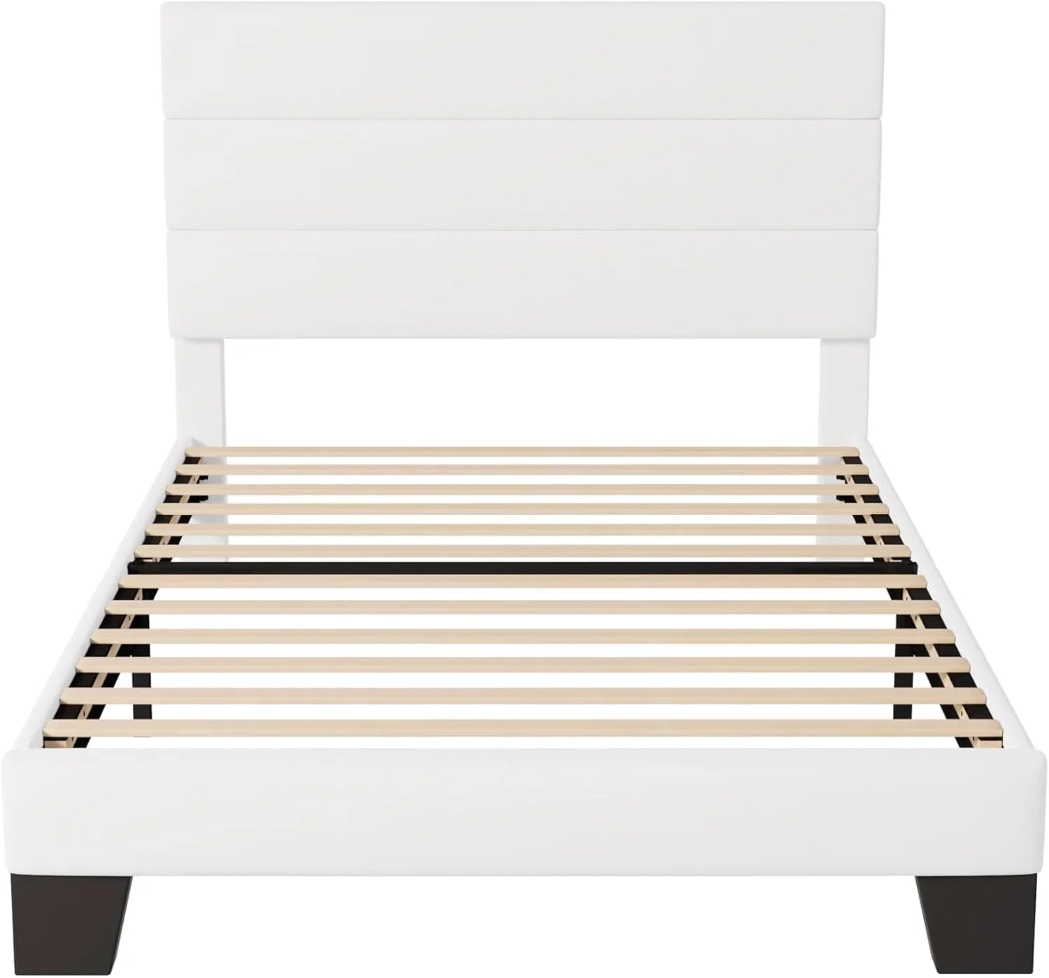 Allewie King size platform bed frame with velvet upholstered headboard and planks wourant